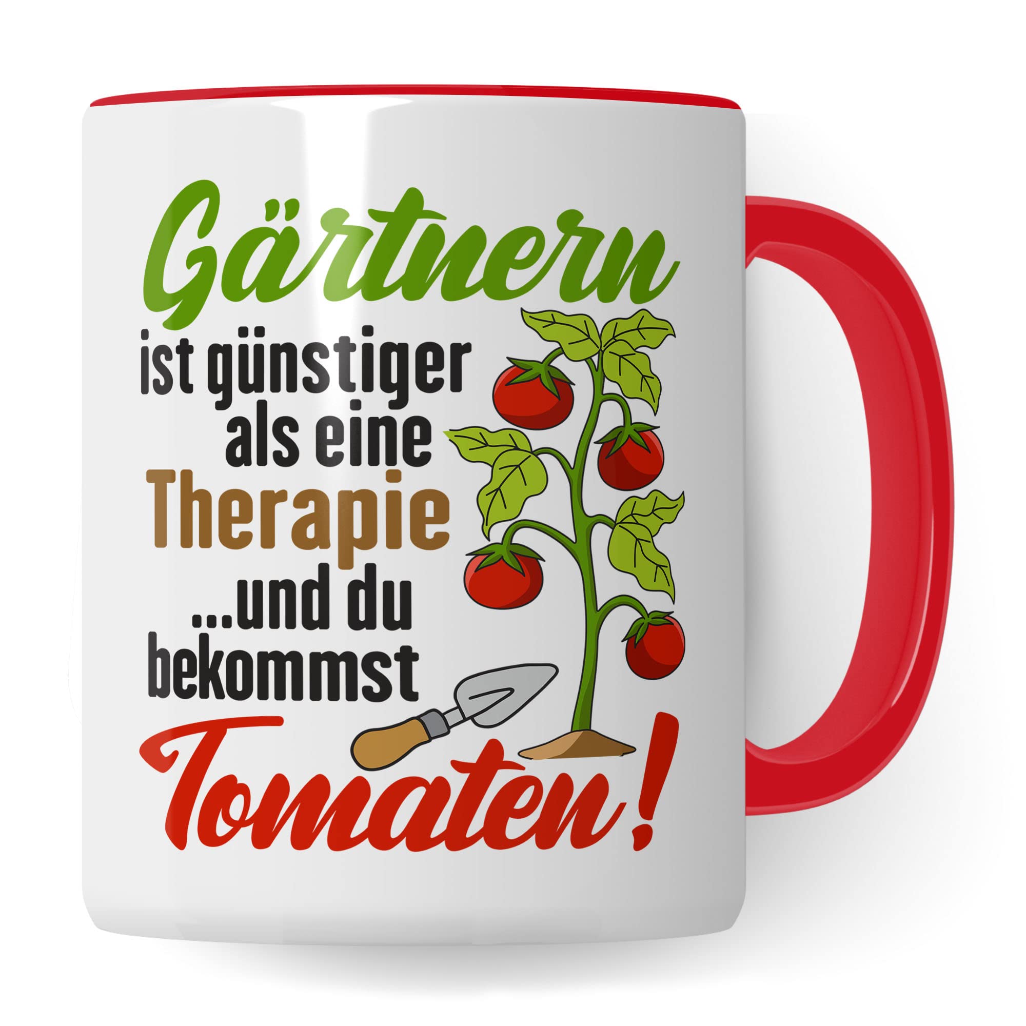 Garten Tasse, Gärtnern ist günstiger als eine Therapie - ...und du bekommst Tomaten!, Geschenk Gartenliebhaber Garten-Motiv Kaffeebecher Hobby-Gärtner Hobby-Gärtnerin, Tomaten-Pflanzen-Motiv Kaffeetasse