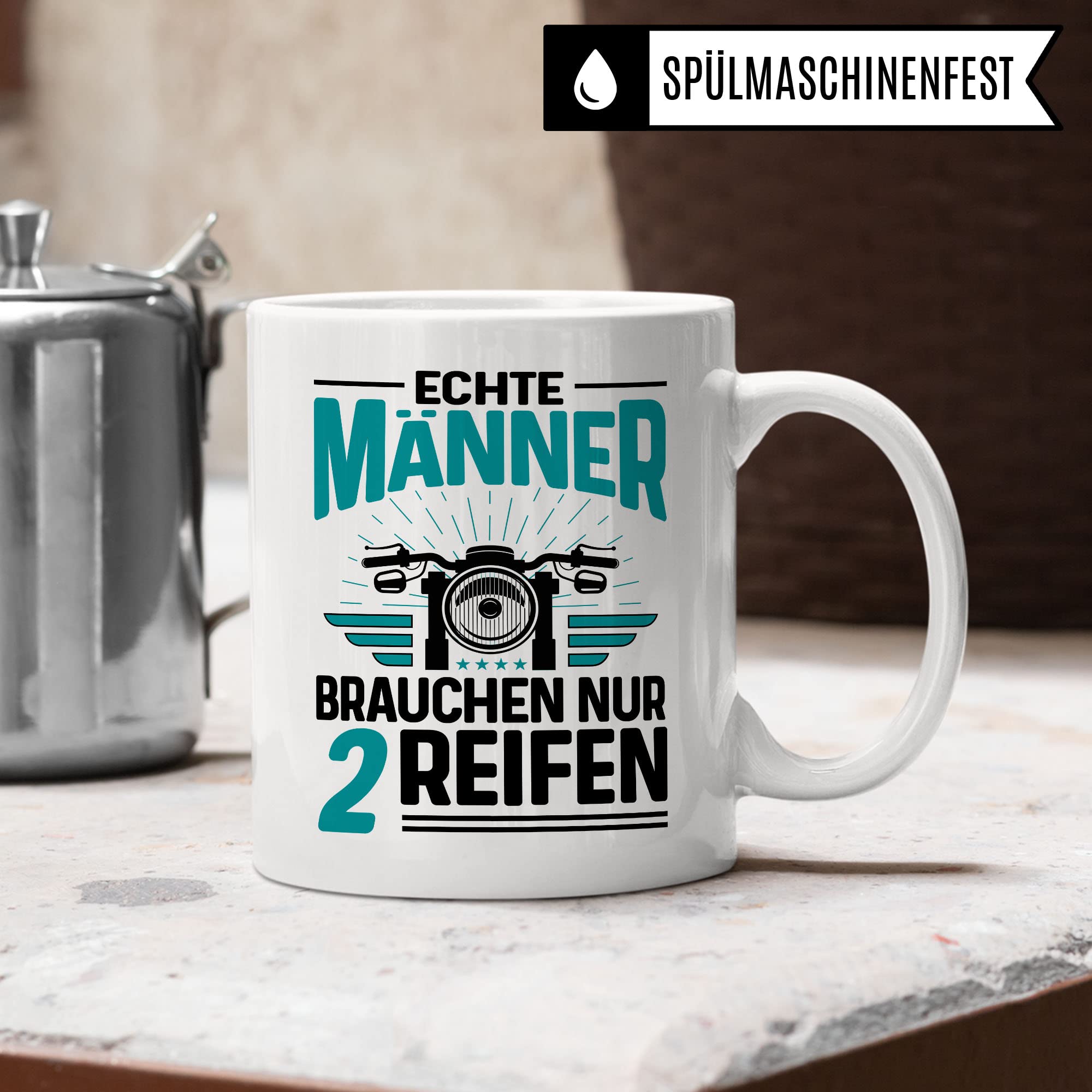 Tasse Motorrad Geschenk-Artikel , Echte Männer brauchen nur 2 Reifen Biker Spruch lustig Motiv Geschenkidee Kaffeetasse Motorradfahrer Männer Kaffee-Becher