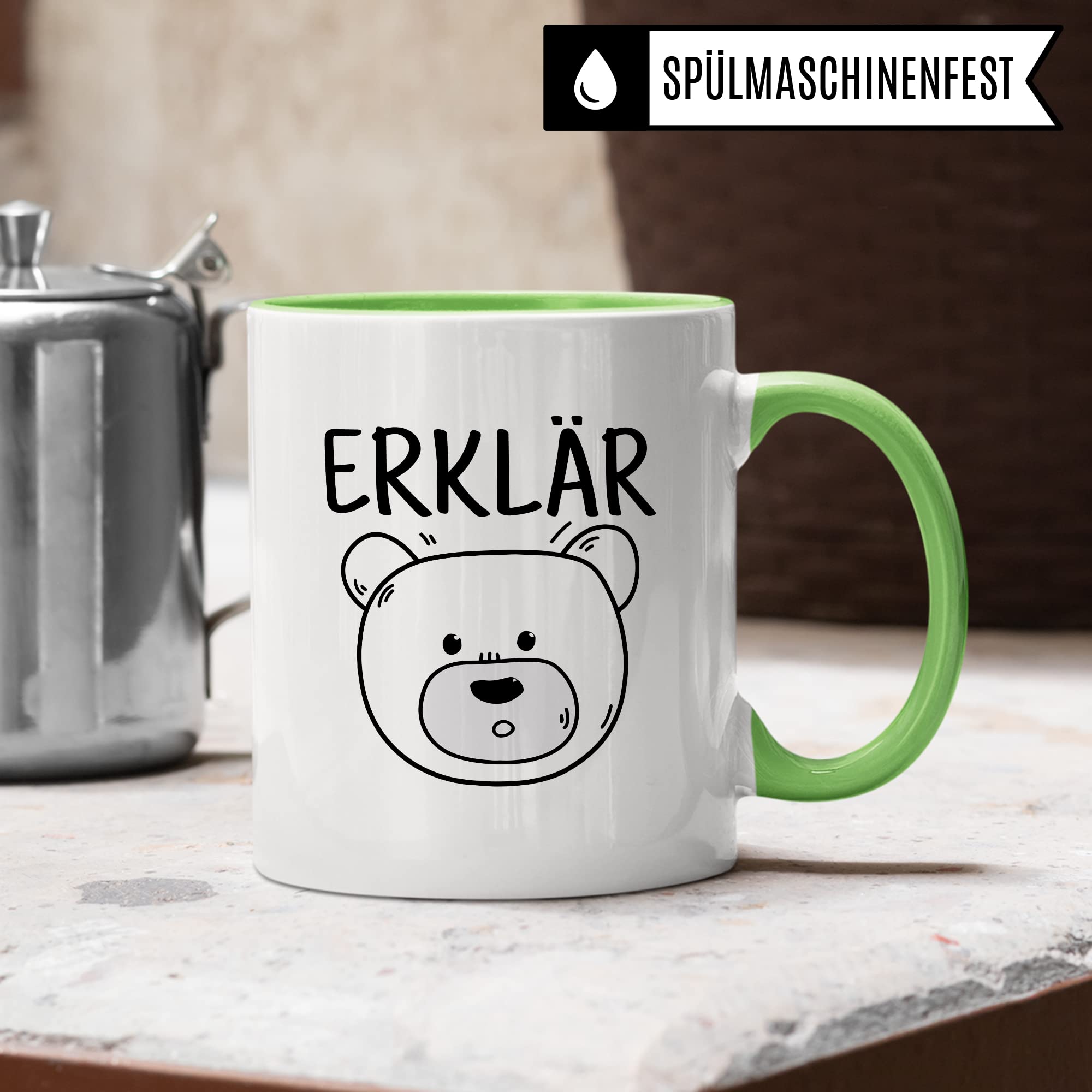 Tasse Erklärbär Geschenk Tasse mit Wortspiel Geschenkidee Kaffeetasse Tasse mit Spruch lustig Bären-Motiv Kaffee-Becher Teetasse Witztasse Humor Witz Deutschlehrer Germanistik