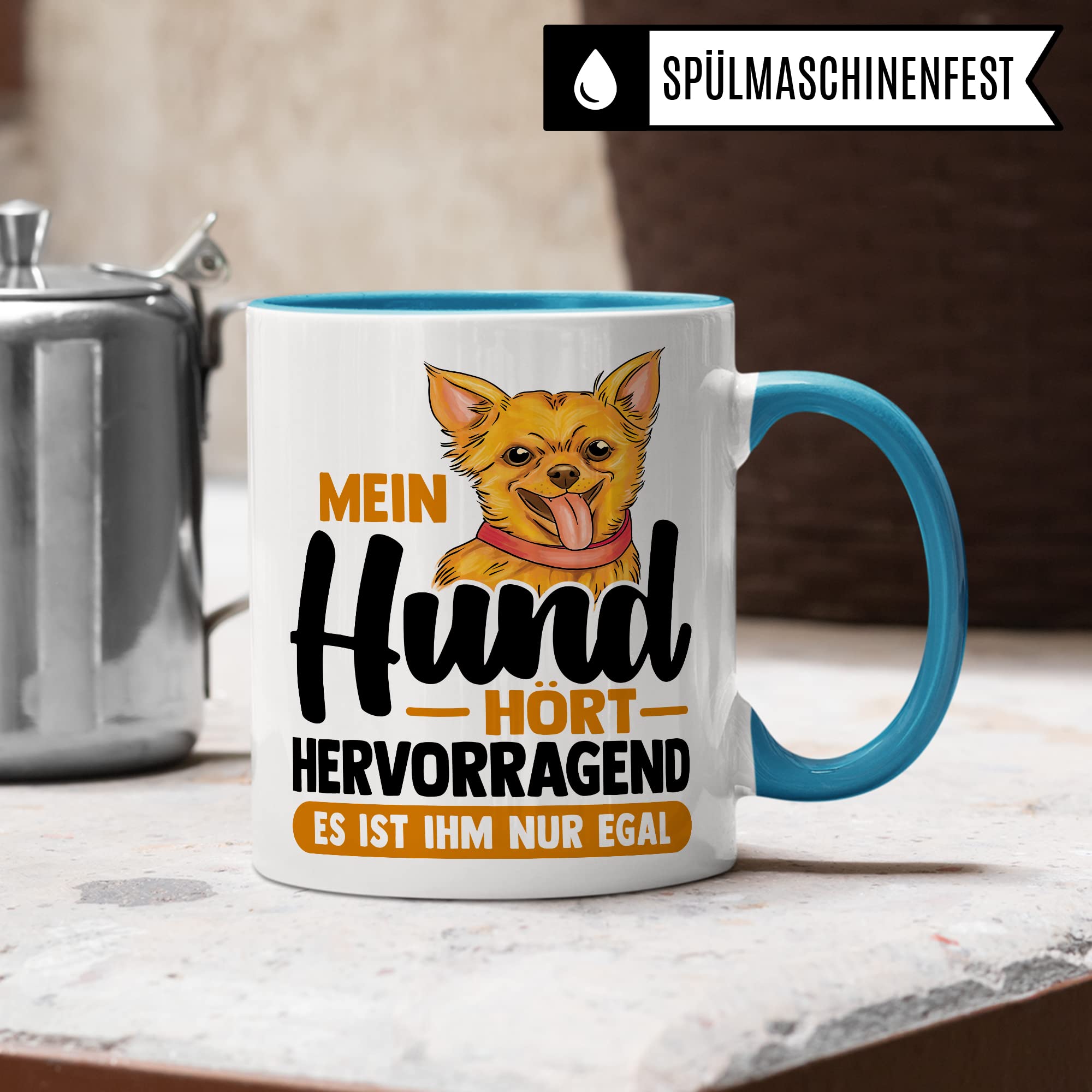 Tasse Hund Geschenk, Mein Hund hört hervorragend es ist ihm nur egal Geschenkidee Hundehalter Kaffee-Becher Kaffeetasse mit Spruch lustig Hundebesitzer Teetasse Herrchen