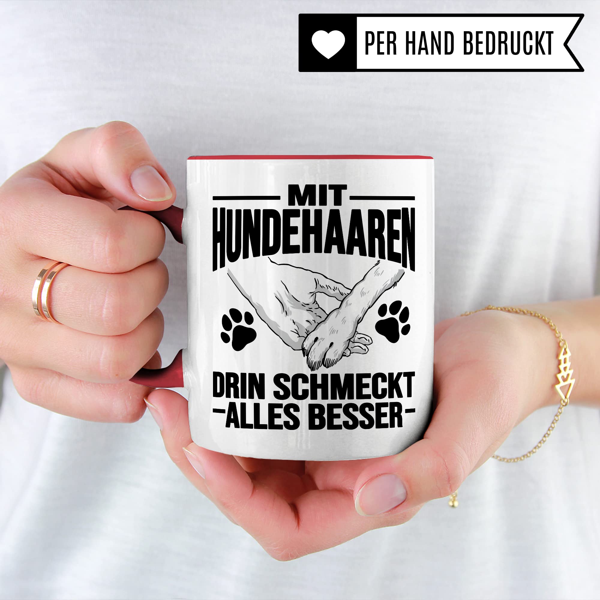 Hunde Tasse Geschenk, Mit Hundehaaren drin schmeckt alles besser Geschenkidee Hundebesitzer Kaffee-Becher Kaffeetasse Teetasse Hundehalter Hund Tasse mit Spruch lustig