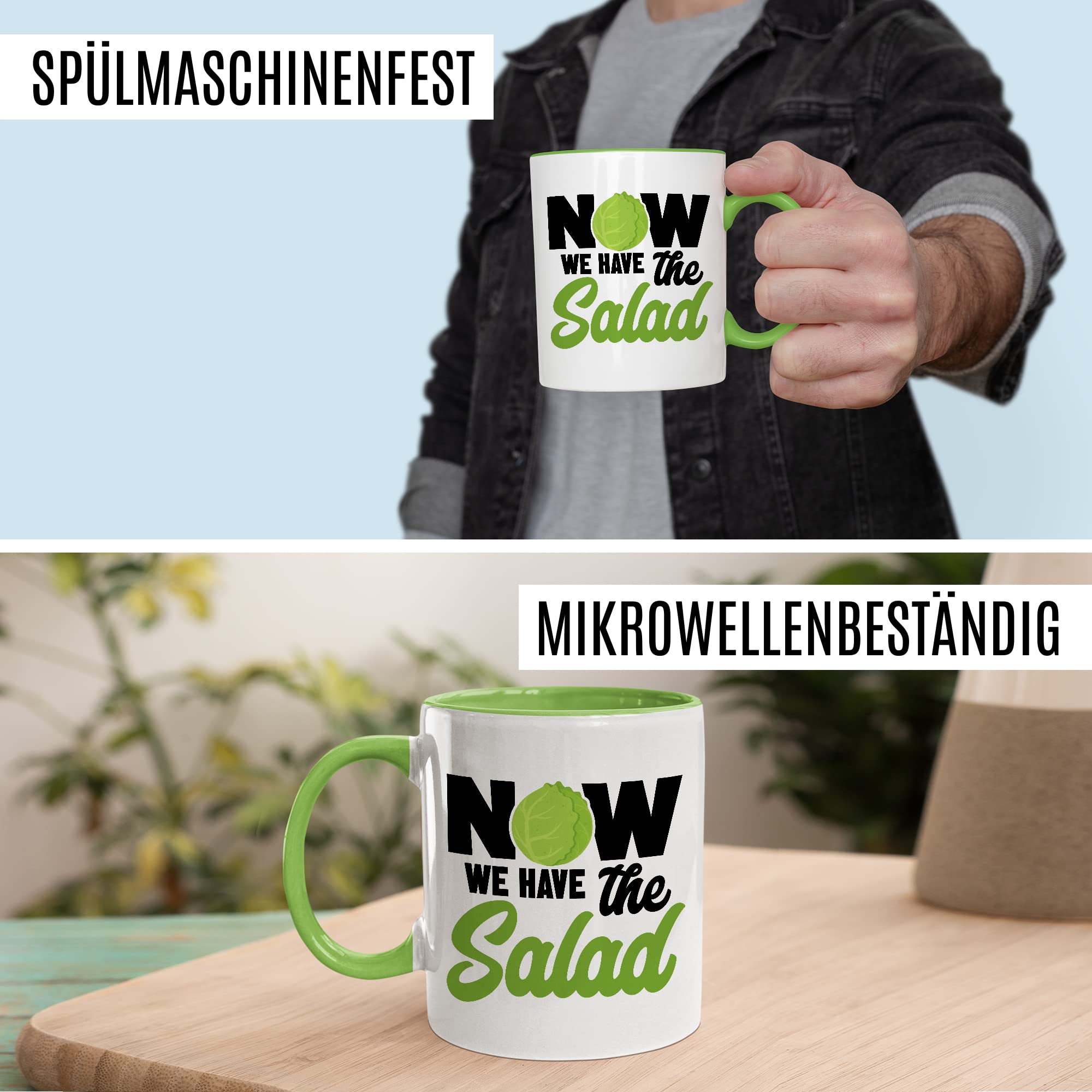 Witz Tasse mit Spruch Denglisch Kaffeetasse Humor Now we have the salad Witz Kaffee-Becher Englisch-Lehrer Geschenk lustig Jetzt haben wir den Salat Sprichwort Geschenkidee Wortspiel
