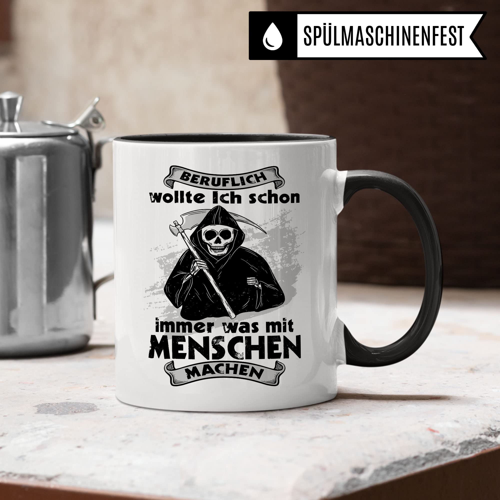 Tasse mit lustigem Spruch "Sensenmann" Kaffee-Becher für Fans von schwarzem Humor