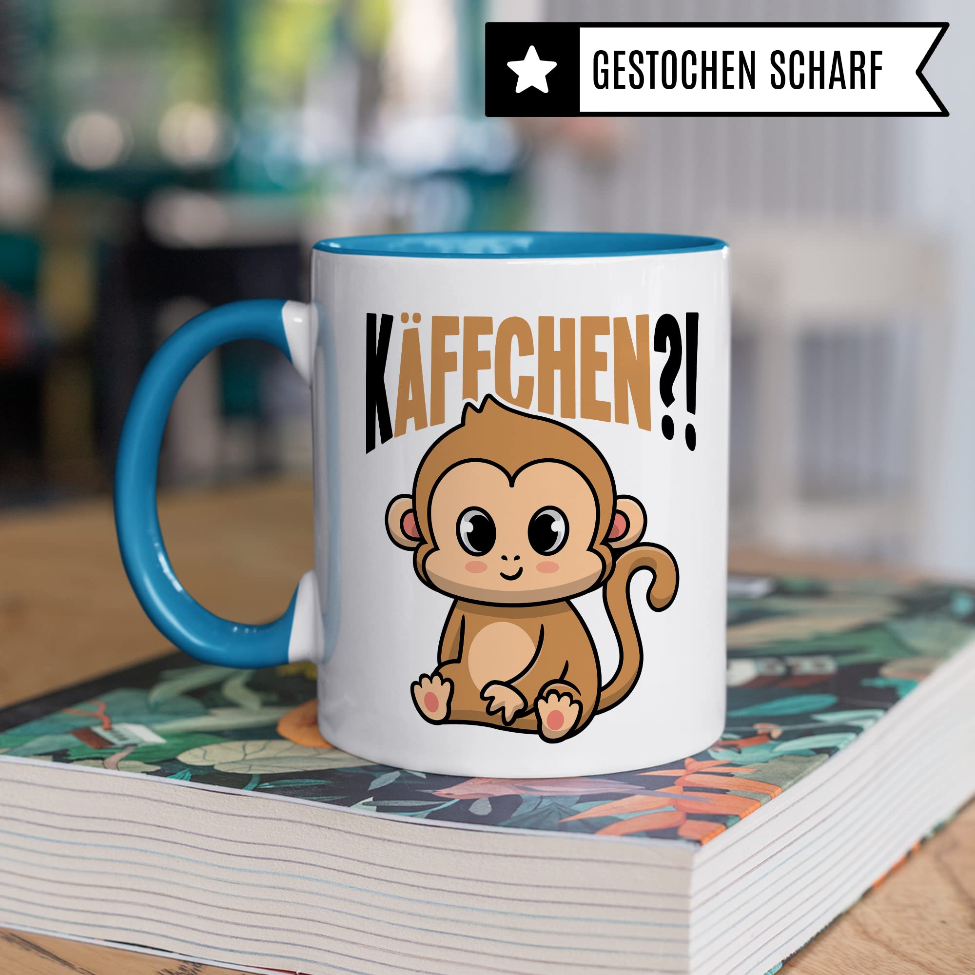 Käffchen Tasse Geschenk Kaffeetasse mit Spruch lustig Kaffee-Becher mit Affen-Motiv Teetasse Geschenkidee Kaffee-Liebhaber Kaffeetrinker und Kaffee-Fans Kaffee-Verehrer