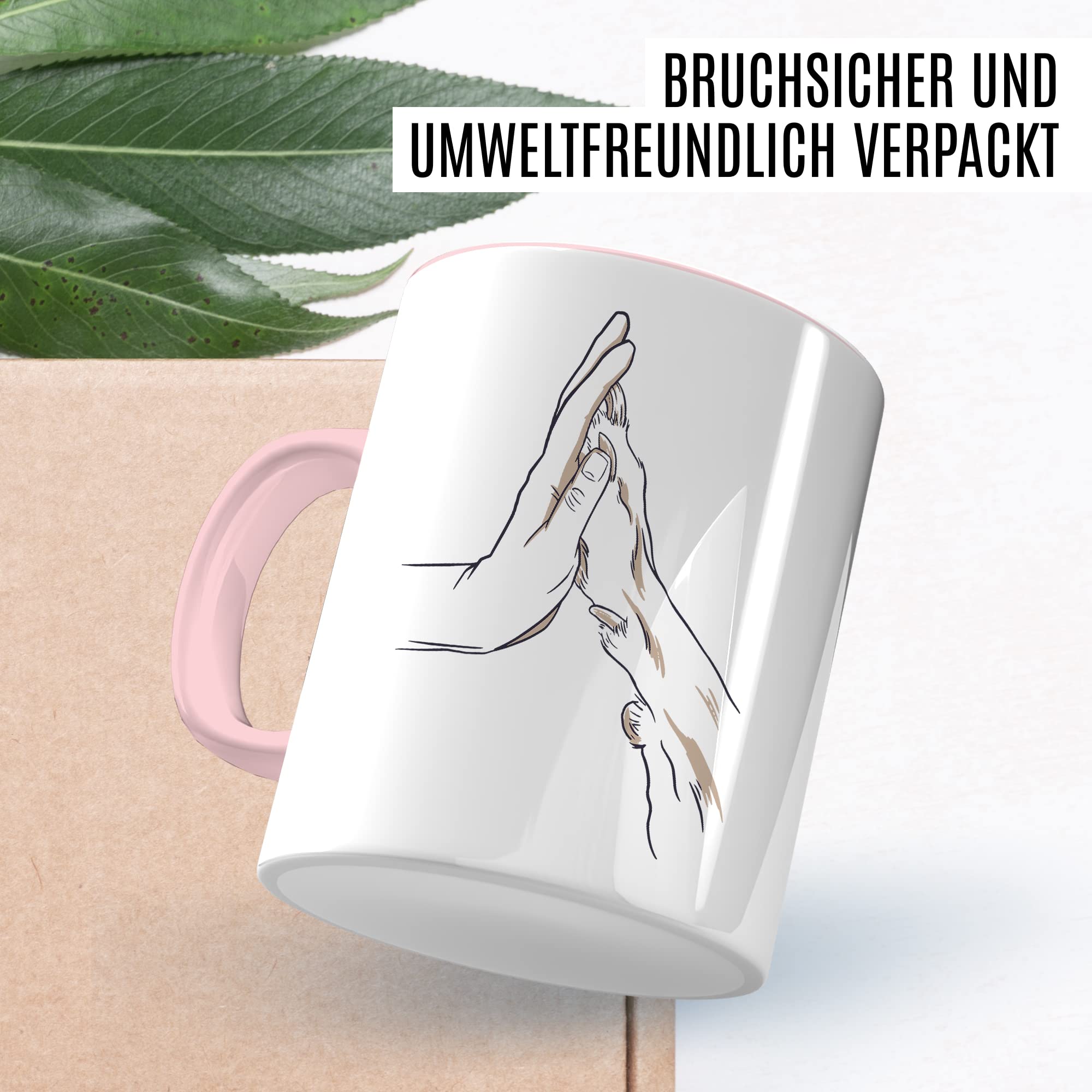 Tasse Hund & Mensch Geschenk Geschenkidee Herrchen Frauchen Hundemama Hundepapa Vierbeiner Comic Kaffeetasse mit Hundemotiv Kaffee-Becher Hund mit Mensch Teetasse Hand und Pfote