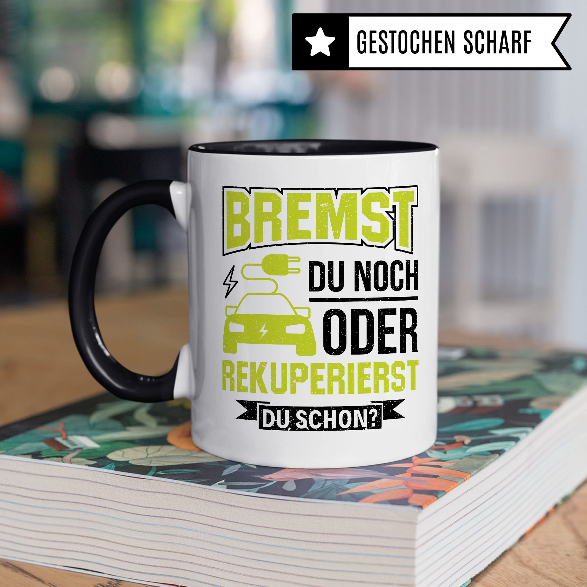 Elektroauto Tasse Geschenkidee Kaffeetasse Humor Witz Geschenk für E-Auto Fahrer Kaffeebecher Rekupertion Becher