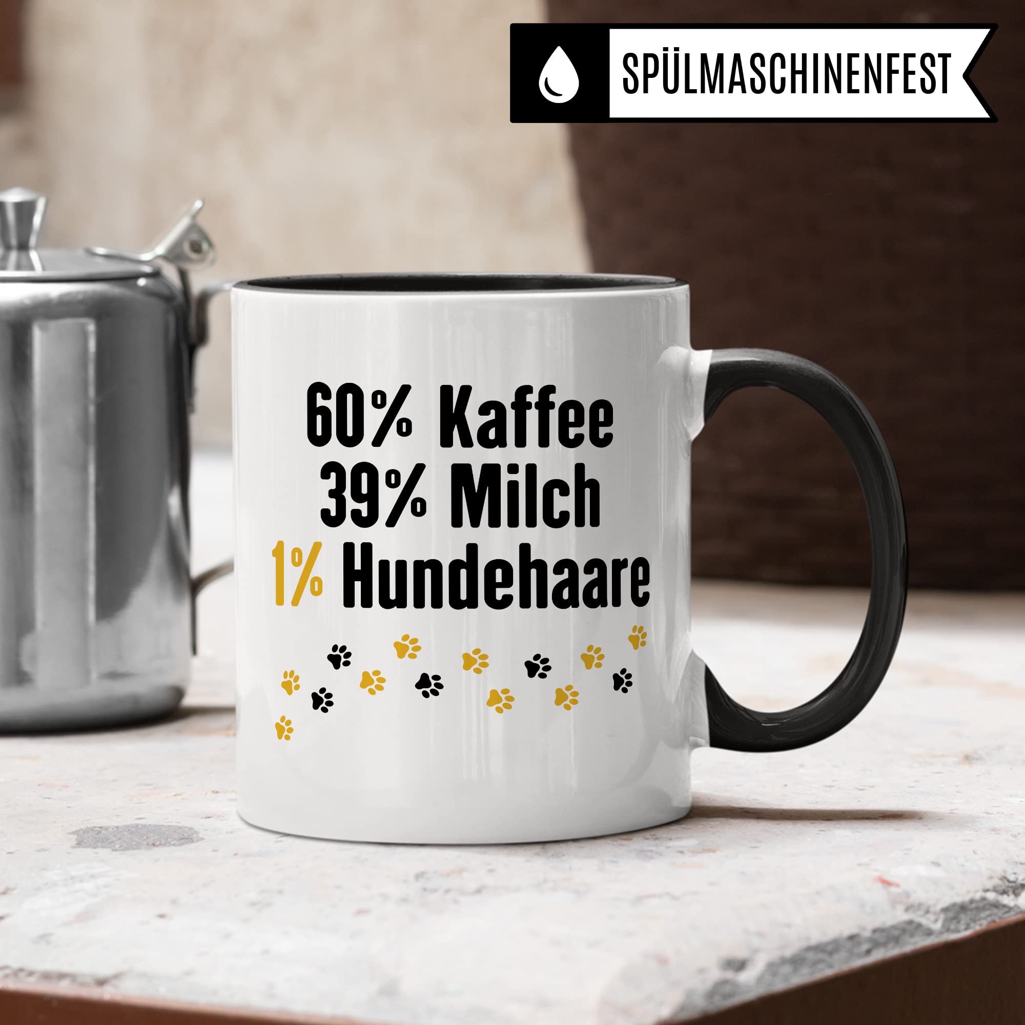 Hunde Tasse Spruch lustig, 60% Milch 39% Kaffee 1% Hundehaare Geschenk Hundehalter Geschenkidee Hundebesitzer Kaffee-Becher Herrchen Teetasse Kaffeetasse Hundeliebhaber