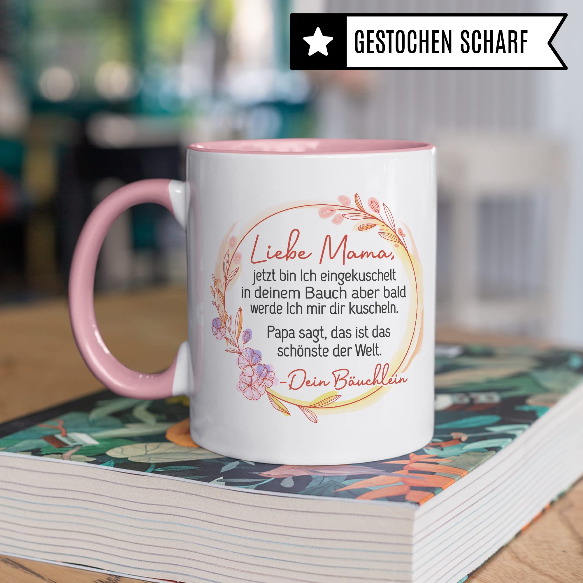 Tasse Mama Schwangerschaft, Liebe Mama, jetzt bin Ich eingekuschelt in deinem Bauch, Geschenk Schwanger, schöner Spruch Geschenkidee werdende Mutter Kaffee-Becher