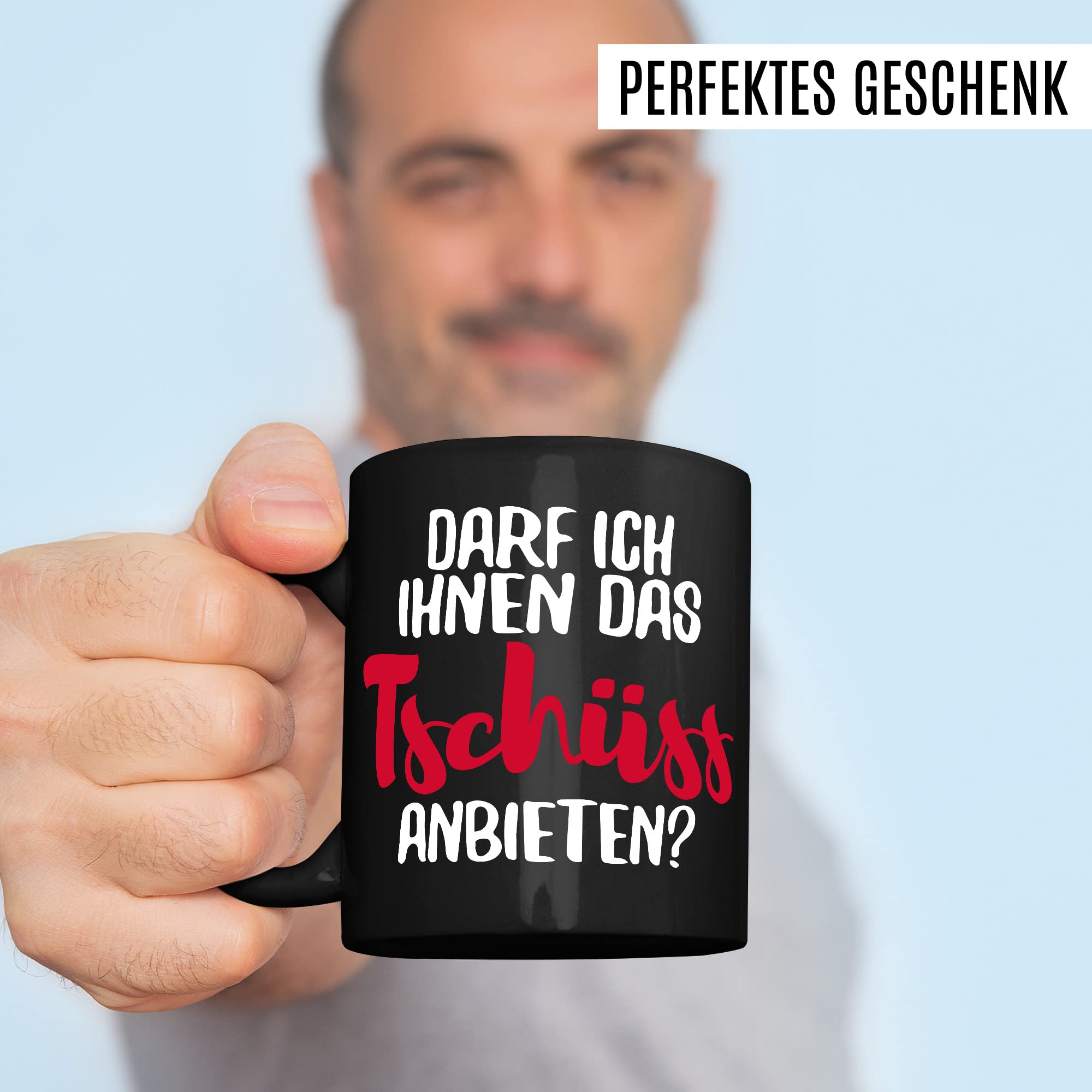 Tasse mit Spruch Büro lustig Kaffeetasse Arbeit Kaffee-Becher mit Witz Arbeitsplatz Job Geschenkidee Humor Geschenk Kollegin Chef Kollege Darf ich ihnen das tschüss anbieten Sarkasmus