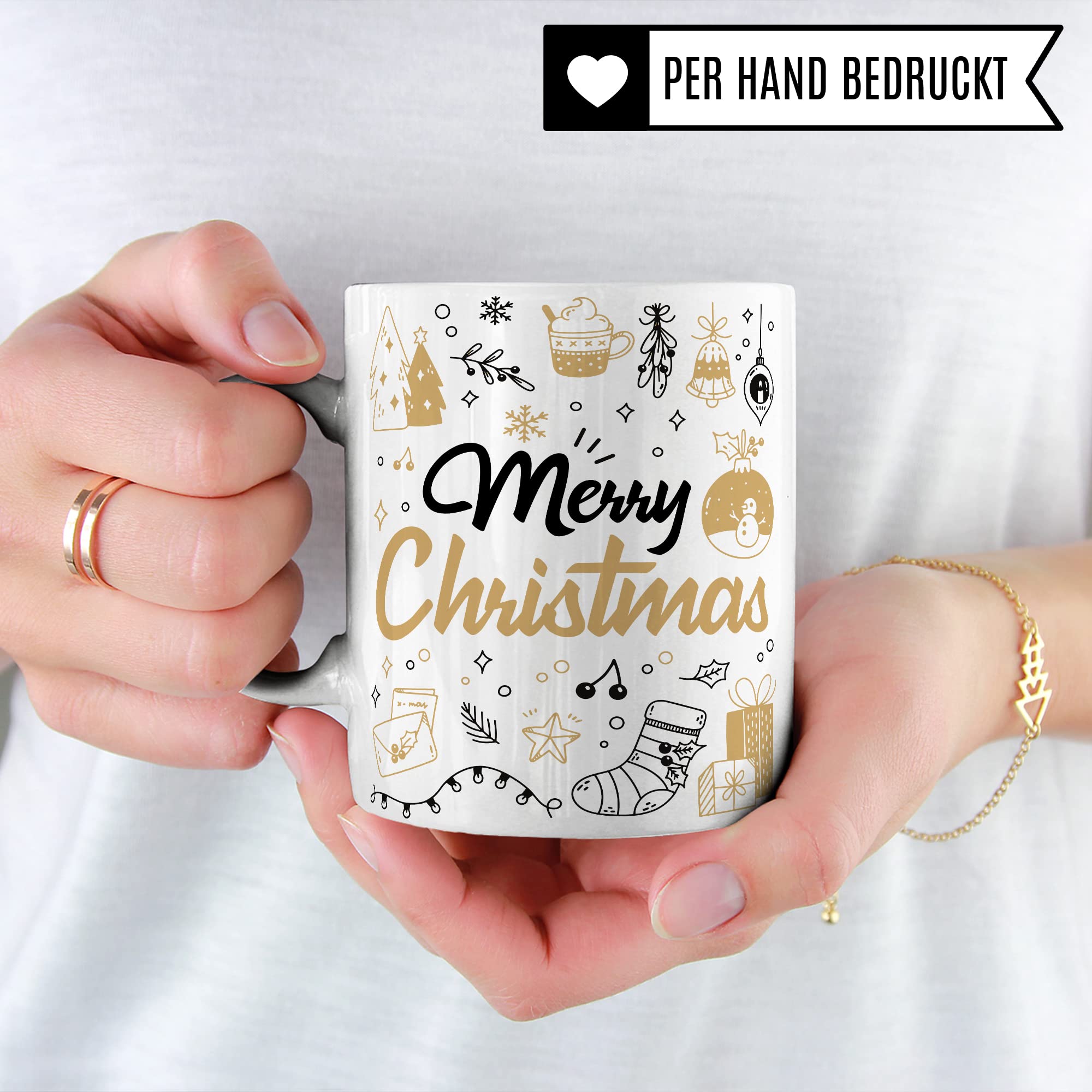 Merry Christmas Tasse Weihnachten Kaffeetasse xmas Geschenk Kollegen Geschenkidee Mama Advent Glühwein-Becher Tee Oma Deko Winter weihnachtlich Rot Gold Amerikanisch