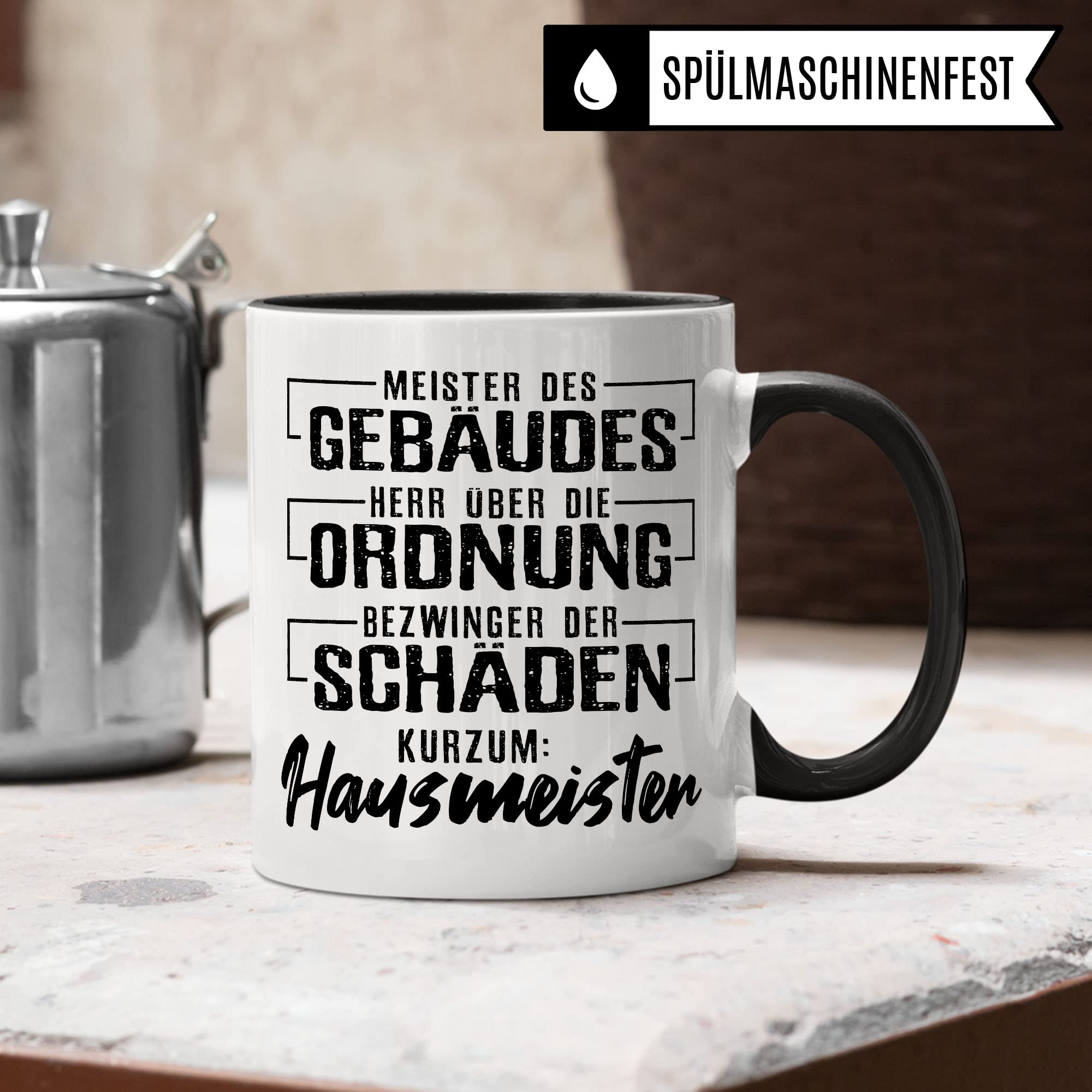 Hausmeister Tasse Geschenkidee Kaffeetasse Humor Witz Geschenk für Hauswart Kaffeebecher Hausverwalter Becher