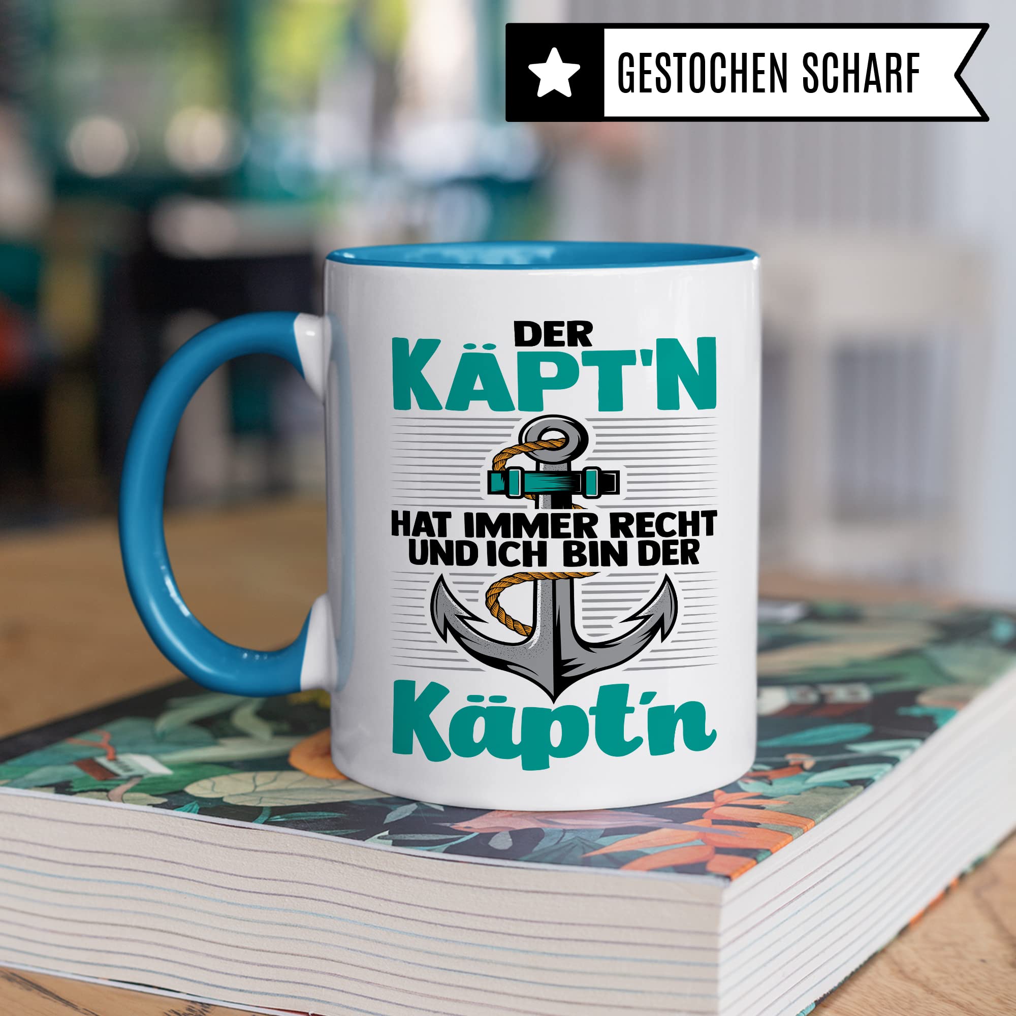 Kapitän Tasse, Der Käpt´n hat immer Recht und ich bin der Käpt´n Geschenk Kaffee-Becher Geschenkidee Bootliebhaber Kaffeetasse Bootbesitzer Tasse mit Spruch lustig Motiv