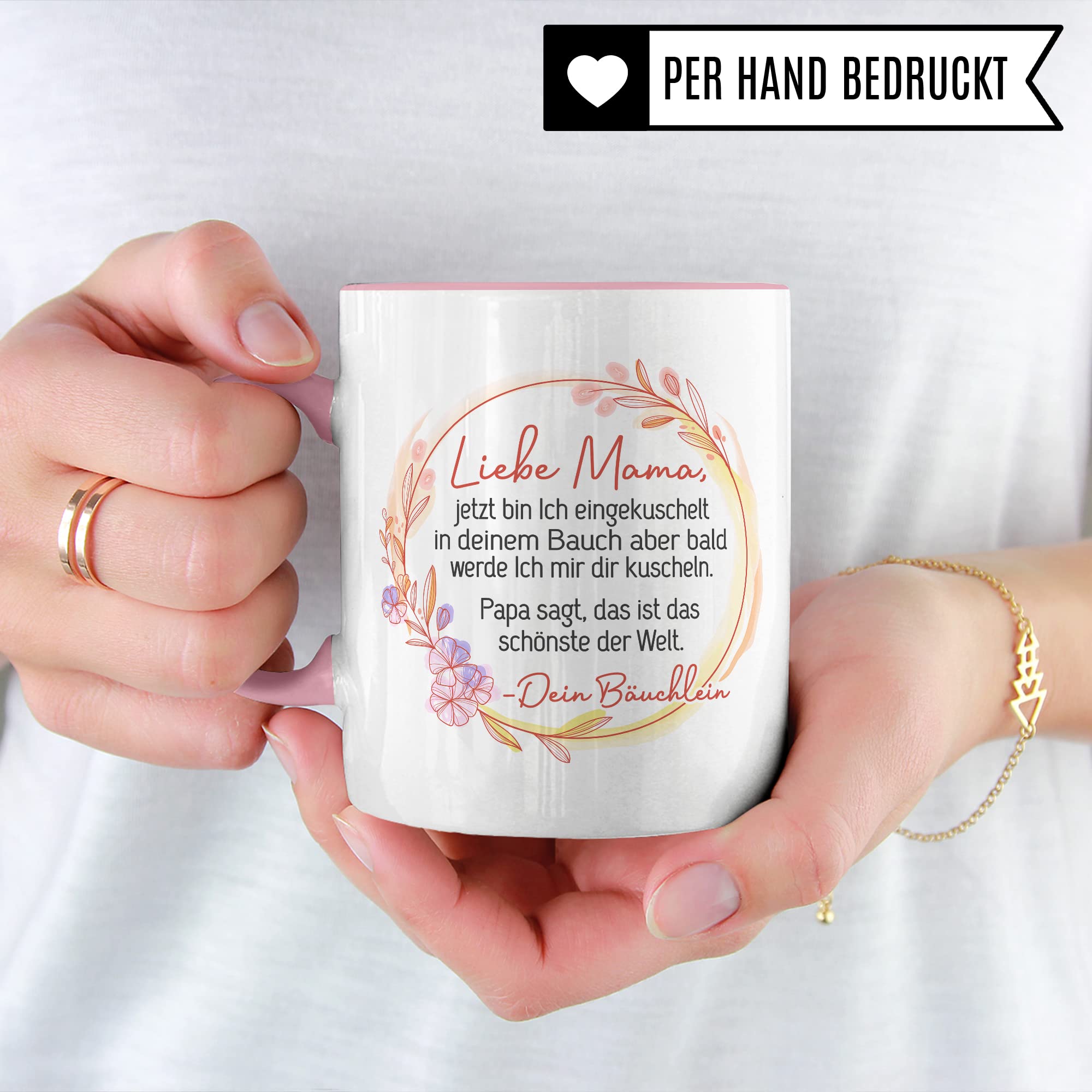 Tasse Mama Schwangerschaft, Liebe Mama, jetzt bin Ich eingekuschelt in deinem Bauch, Geschenk Schwanger, schöner Spruch Geschenkidee werdende Mutter Kaffee-Becher