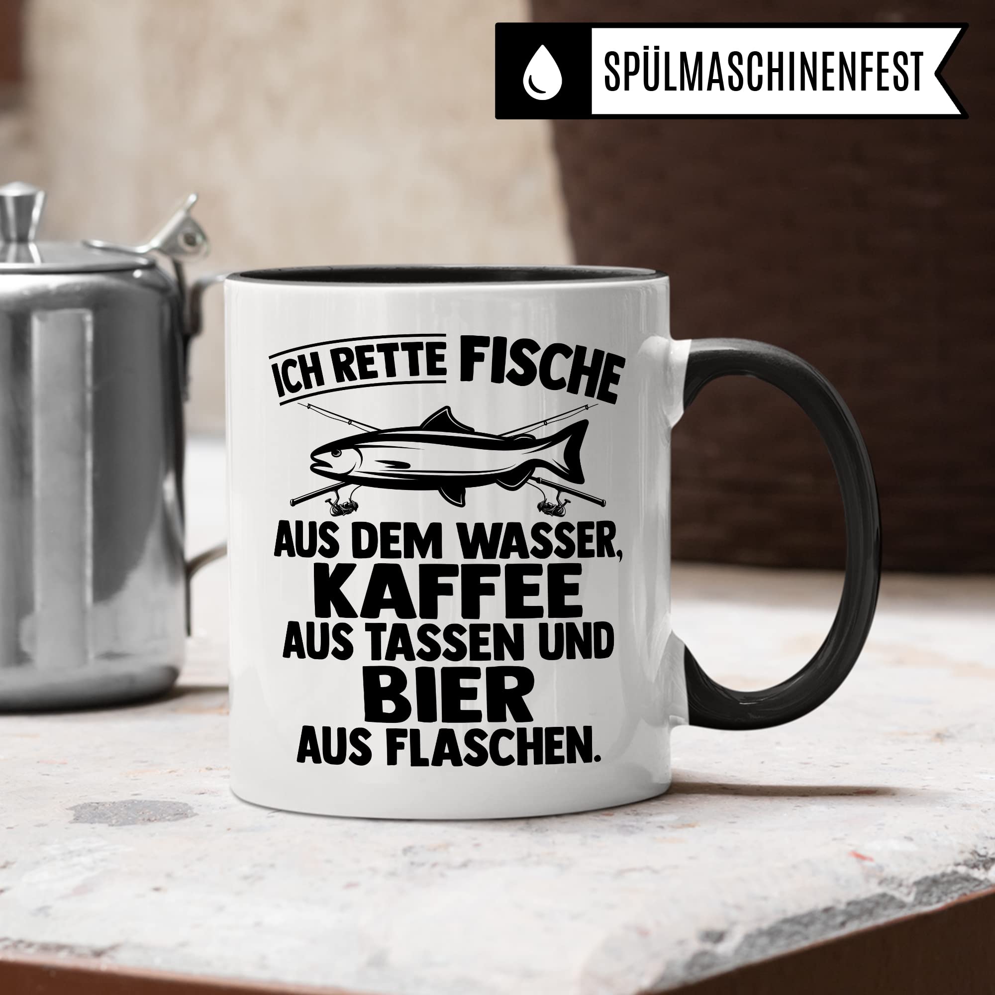 Angler Tasse Geschenk, Ich rette Fische aus dem Wasser, Kaffee aus der Tasse Bier aus der Flasche Geschenkidee Angler Fischer Kaffeetasse mit Spruch lustig Kaffee-Becher Fisch-Liebhaber