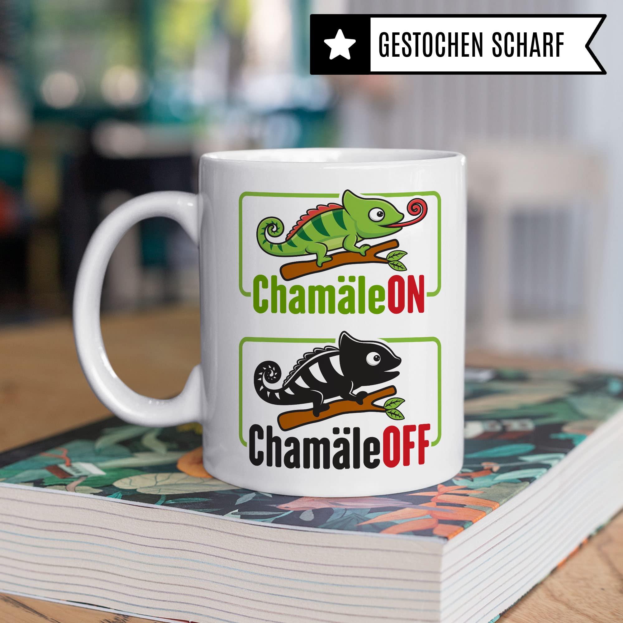 Tasse ChamäleON ChamäleOFF, Lustige Tasse mit Spruch und Tier Motiv, Büro lustig Sarkasmus Comic Witz Tiere Chamäleon Geschenk