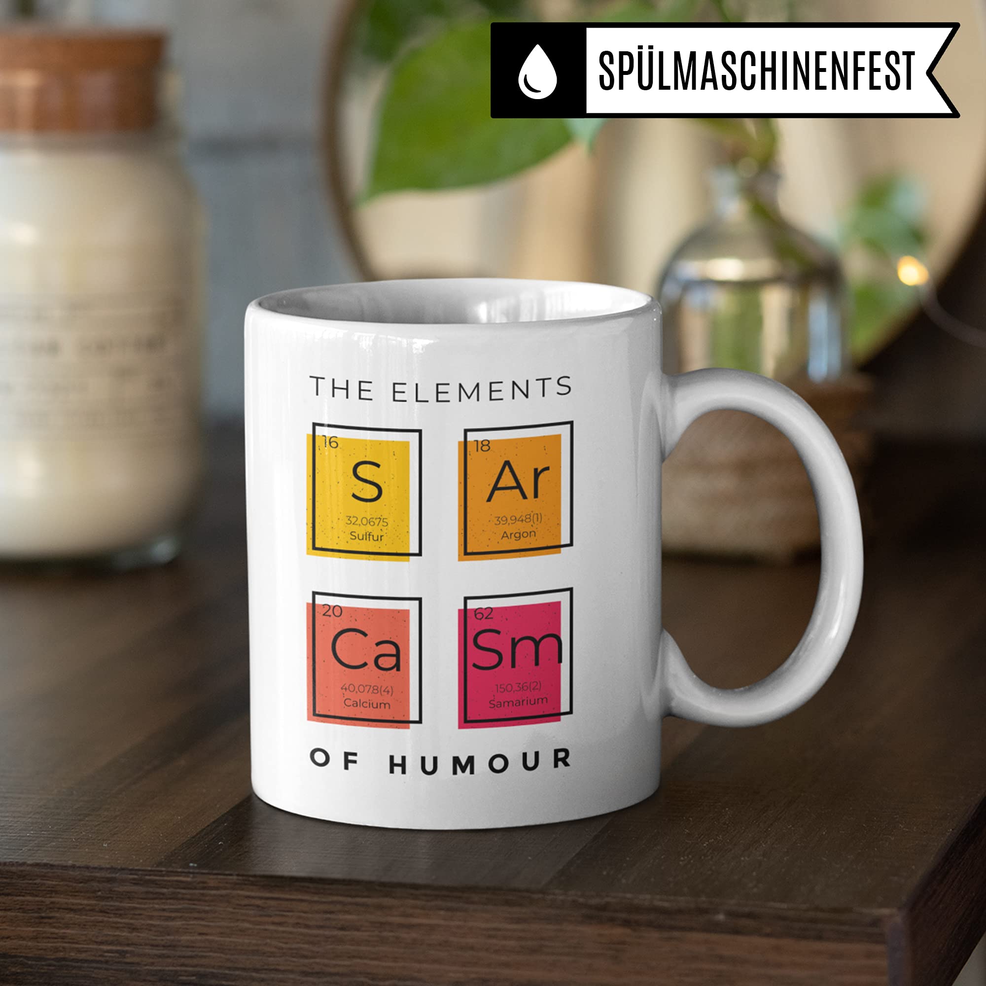 Sarkasmus Tasse mit Spruch lustig - The Elements of Humor - Sarkasmus Geschenk Kaffeetasse mit Sprüchen Chemie - Witz Kaffeebecher für Büro Arbeit Kollegen - Becher für Männer Frauen