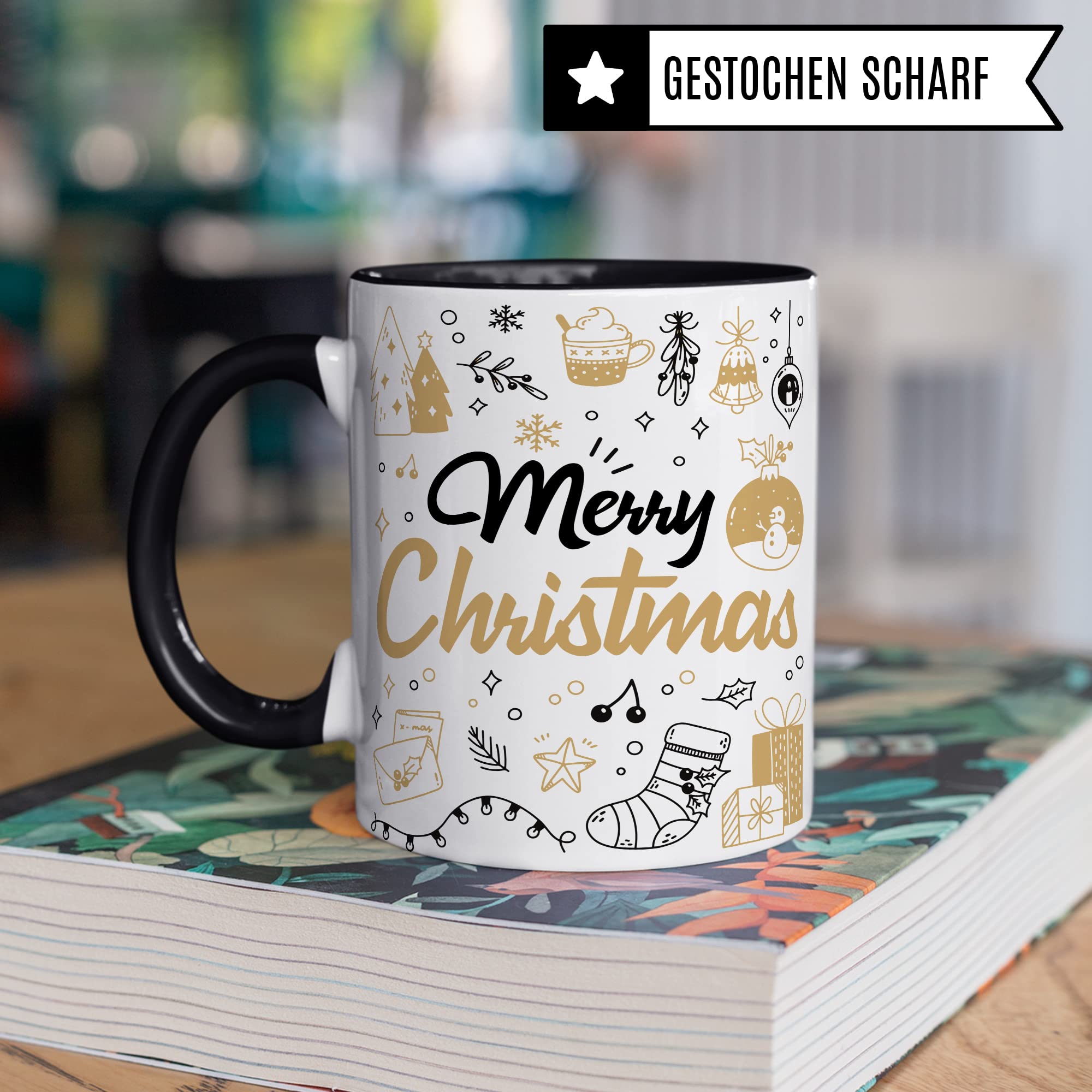 Merry Christmas Tasse Weihnachten Kaffeetasse xmas Geschenk Kollegen Geschenkidee Mama Advent Glühwein-Becher Tee Oma Deko Winter weihnachtlich Rot Gold Amerikanisch
