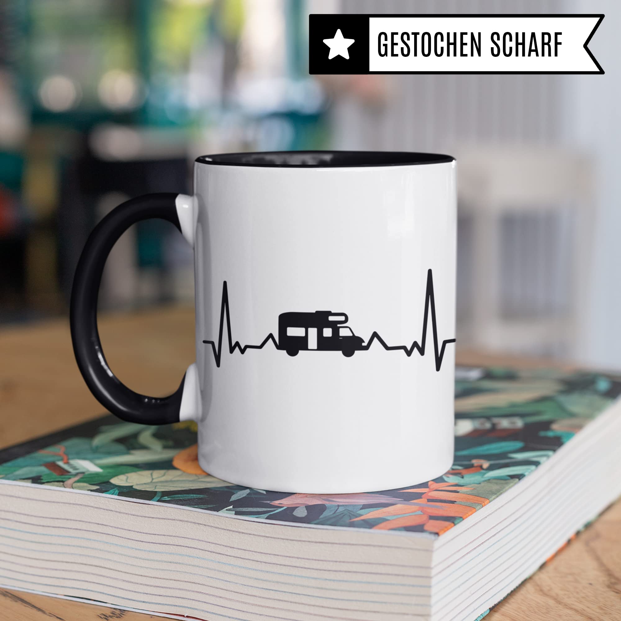 Tasse Camping lustig, Geschenk Camper Mann & Frau, Kaffeetasse Camping Wohnwagen Herzschlag, Geschenkidee Campen Campingplatz Campingbus Kaffee-Becher