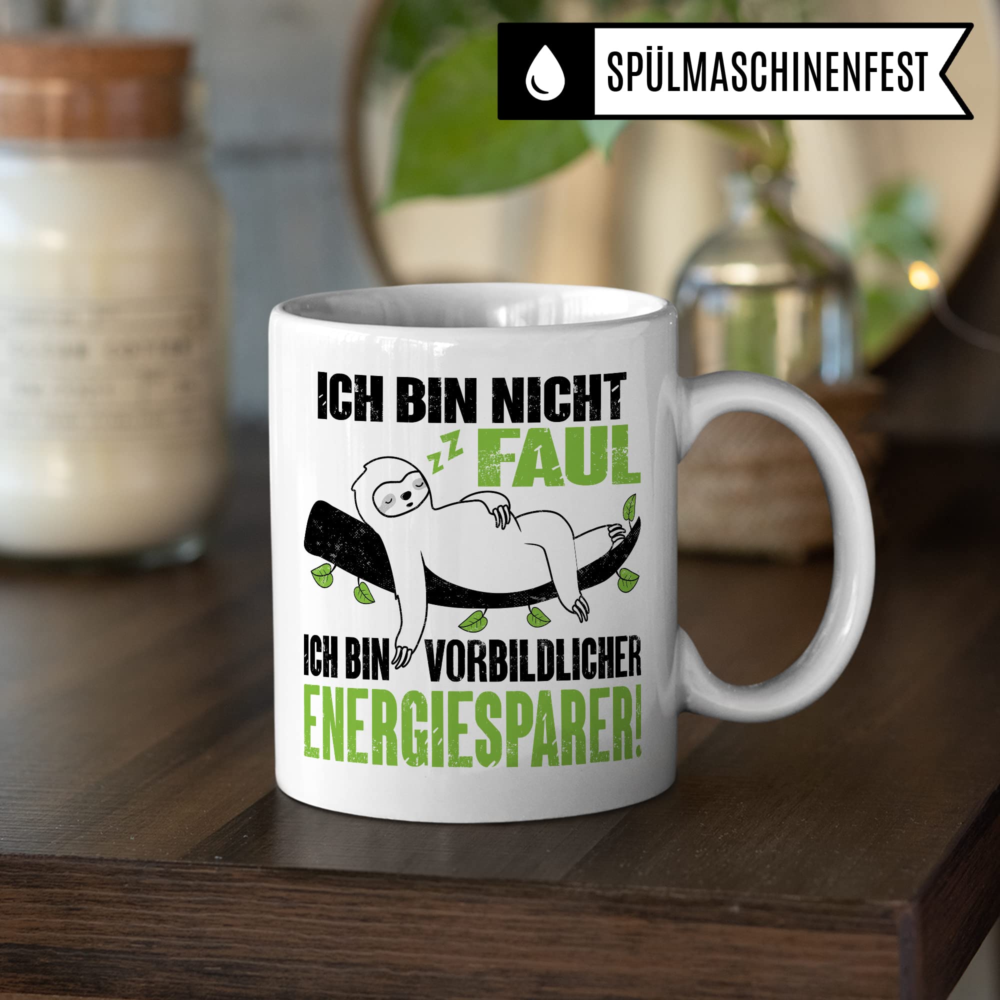 Tasse Energiesparer Geschenk, Ich bin nicht faul Ich bin vorbildlicher Energiesparer Geschenkidee Kaffeetasse mit Spruch lustig Kaffee-Becher Witztasse umweltfreundlich Faulheit Faultier