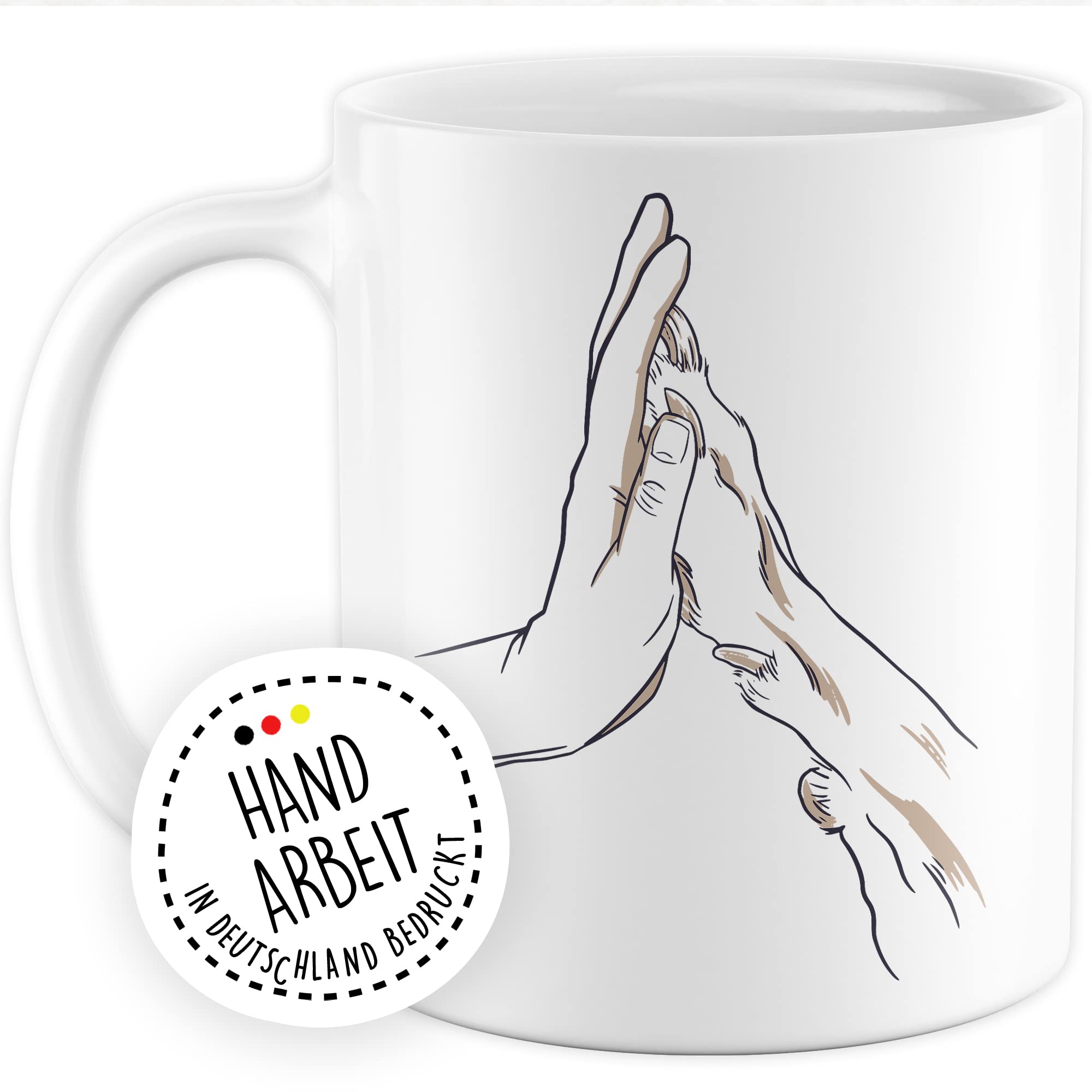 Tasse Hund & Mensch Geschenk Geschenkidee Herrchen Frauchen Hundemama Hundepapa Vierbeiner Comic Kaffeetasse mit Hundemotiv Kaffee-Becher Hund mit Mensch Teetasse Hand und Pfote