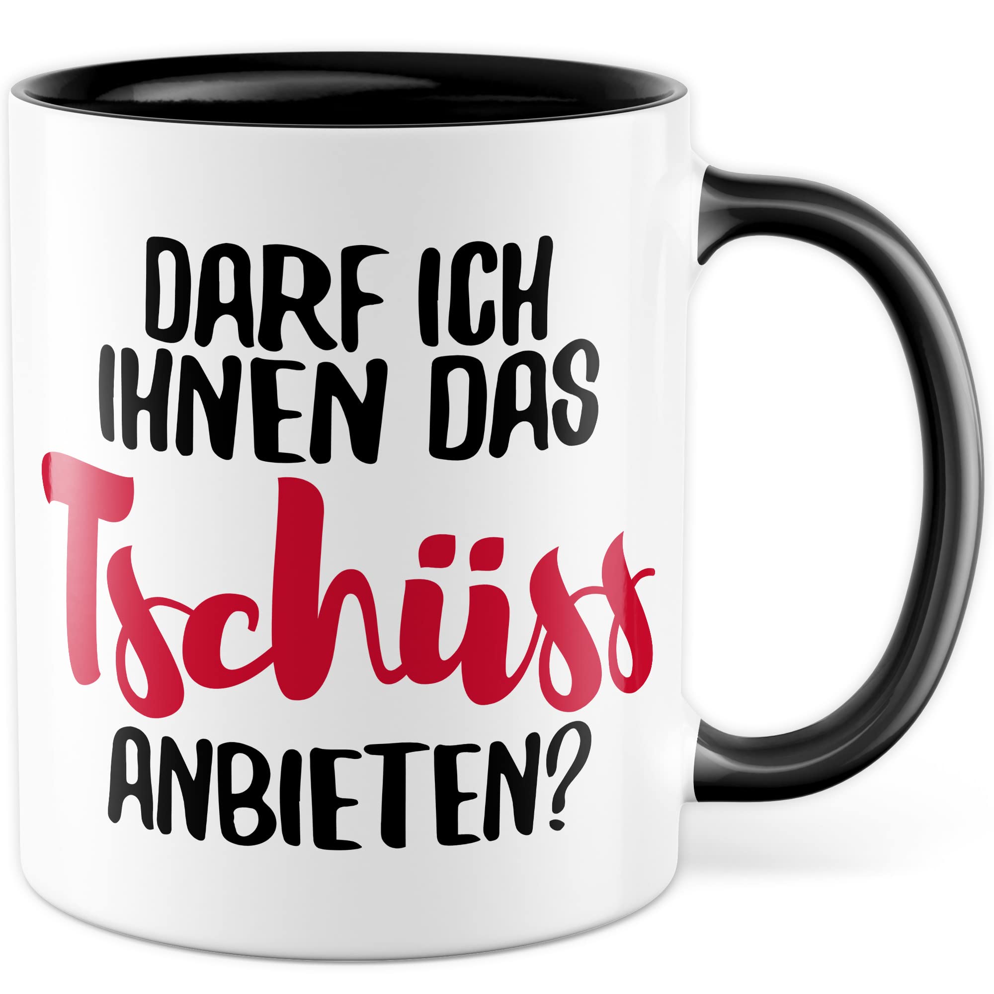 Tasse mit Spruch Büro lustig Kaffeetasse Arbeit Kaffee-Becher mit Witz Arbeitsplatz Job Geschenkidee Humor Geschenk Kollegin Chef Kollege Darf ich ihnen das tschüss anbieten Sarkasmus