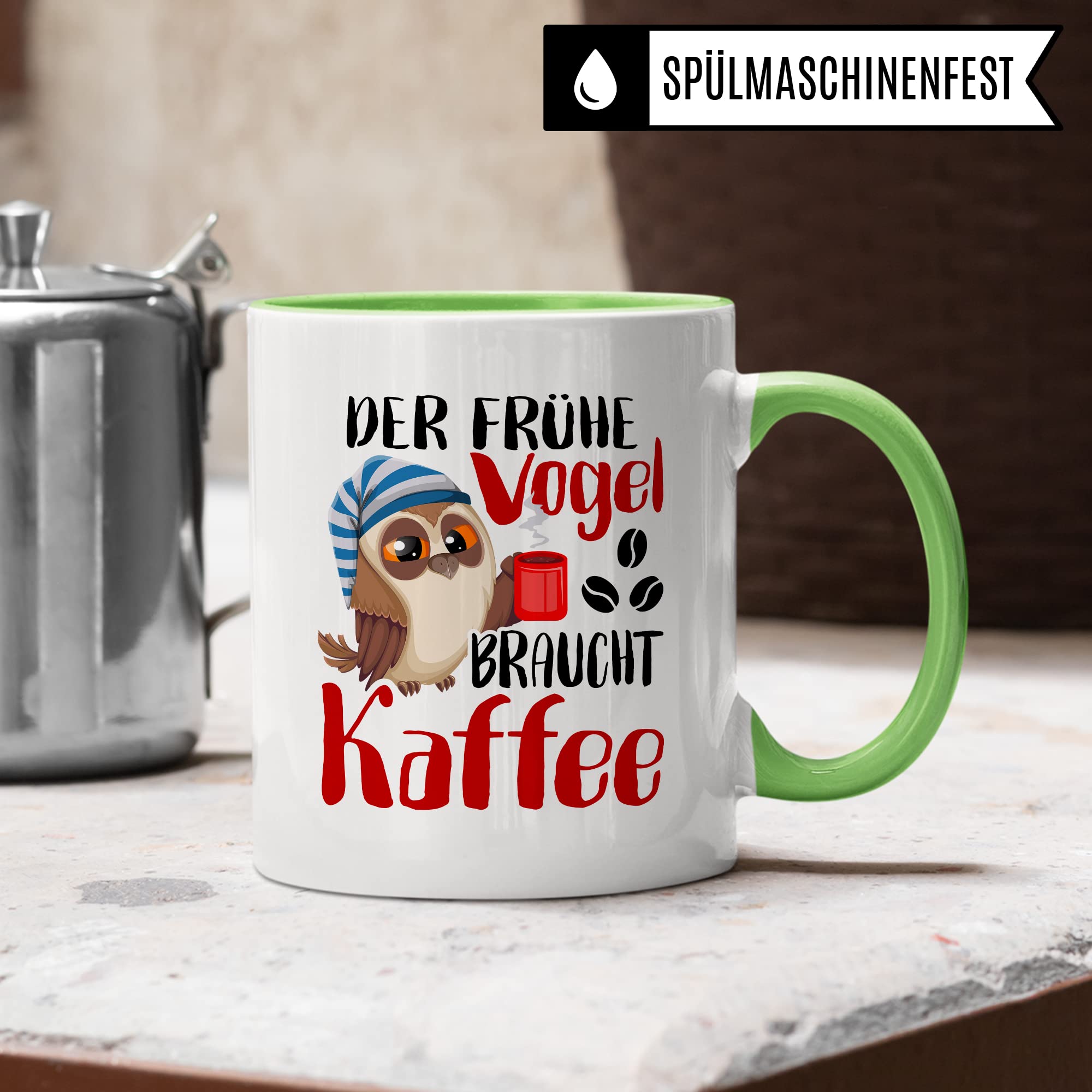 Früher Vogel Tasse lustig Kaffeetasse mit Spruch Kaffee-Becher Moorgenmuffel Humor Geschenk Geschenkidee Der frühe Vogel braucht Kaffee Witz Langschläfer Büro Tasse