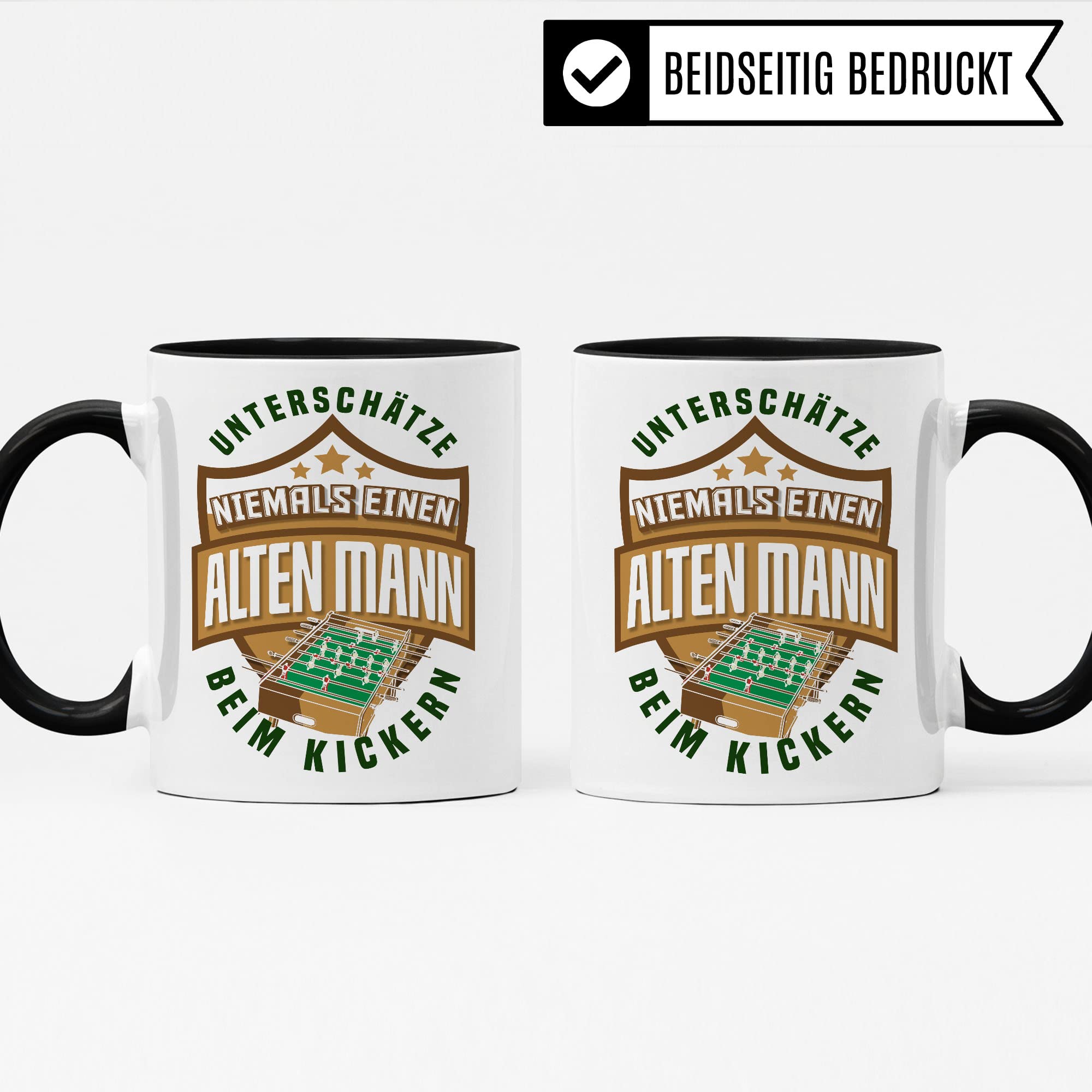 Tischkicker Tasse Geschenkidee Kicker Kaffeetasse Humor Witz Geschenk für alten Mann Kaffeebecher Opa Becher
