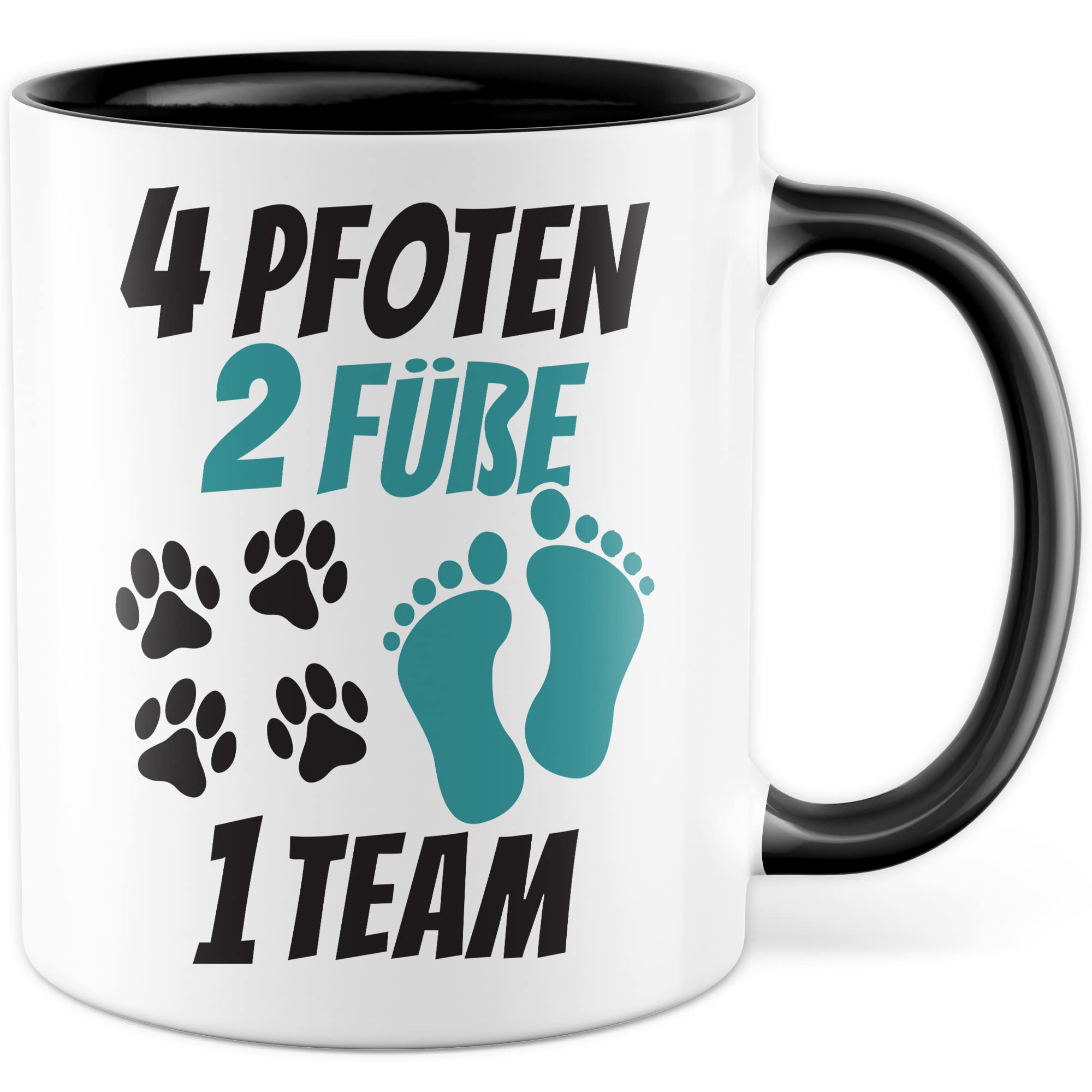 Tasse Hundebesitzer Geschenk, 4 Pfoten 2 Füße 1 Team Geschenkidee Kaffeetasse mit Spruch Hundehalter Hunde-Liebhaber Hund Kaffee-Becher Hand & Pfote Vierbeiner