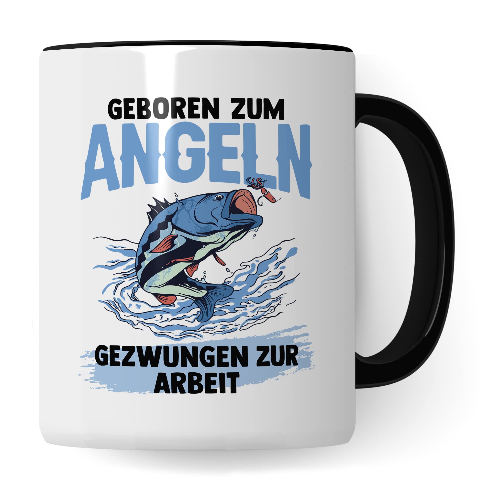 Tasse Angler, Geboren zum Angeln - Gezwungen zur Arbeit Geschenk Geschenkidee Fischer Bürogeschenk Kaffeetasse mit Spruch lustig Kaffee-Becher