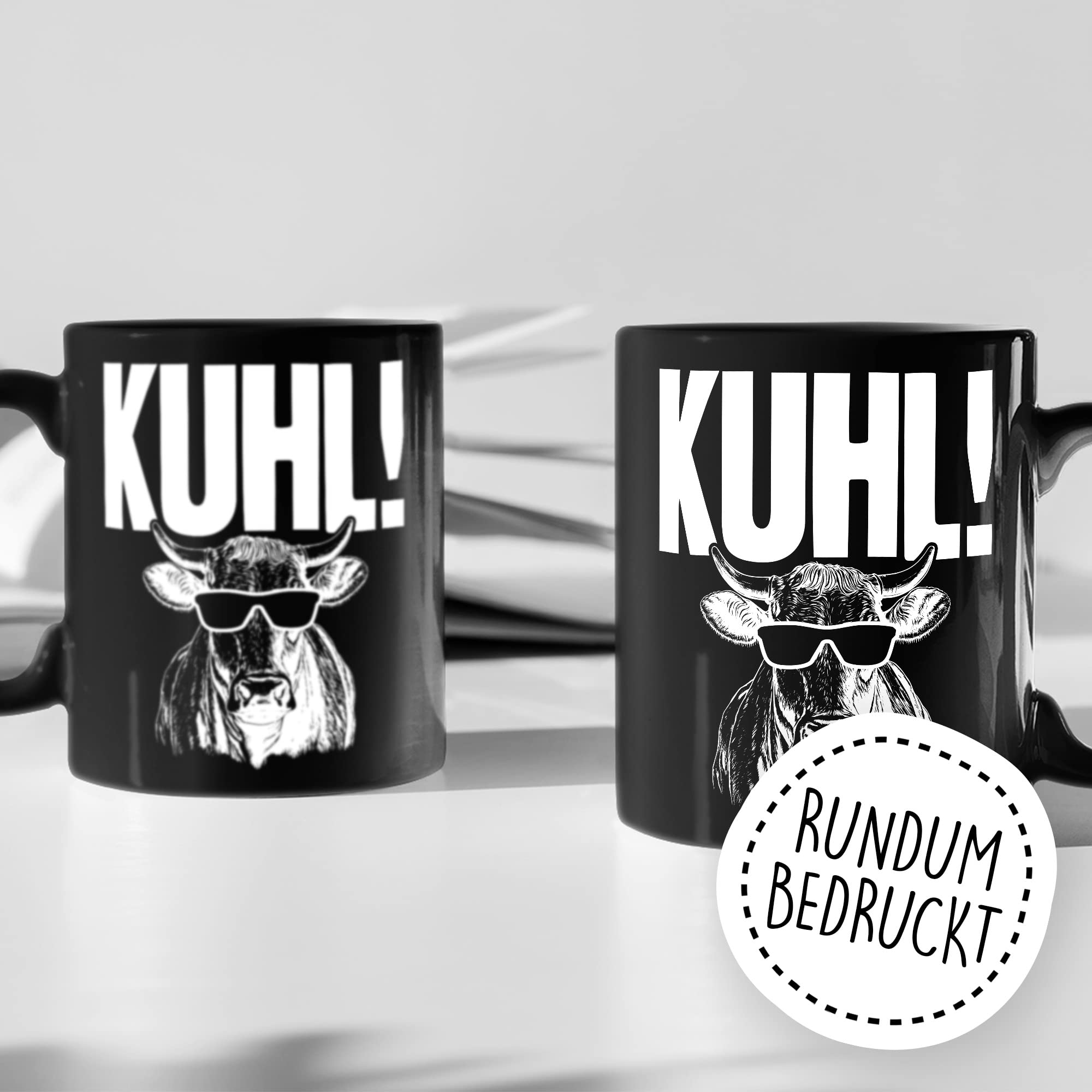 KUHL Tasse mit Spruch witzige Kaffeetasse mit Kuh Motiv Humor Geschenk Geschenkidee Kollegen Büro Kaffee-Becher lustig Freundin Kühe Sonnen Brille Cool Wortwitz Schreibfehler