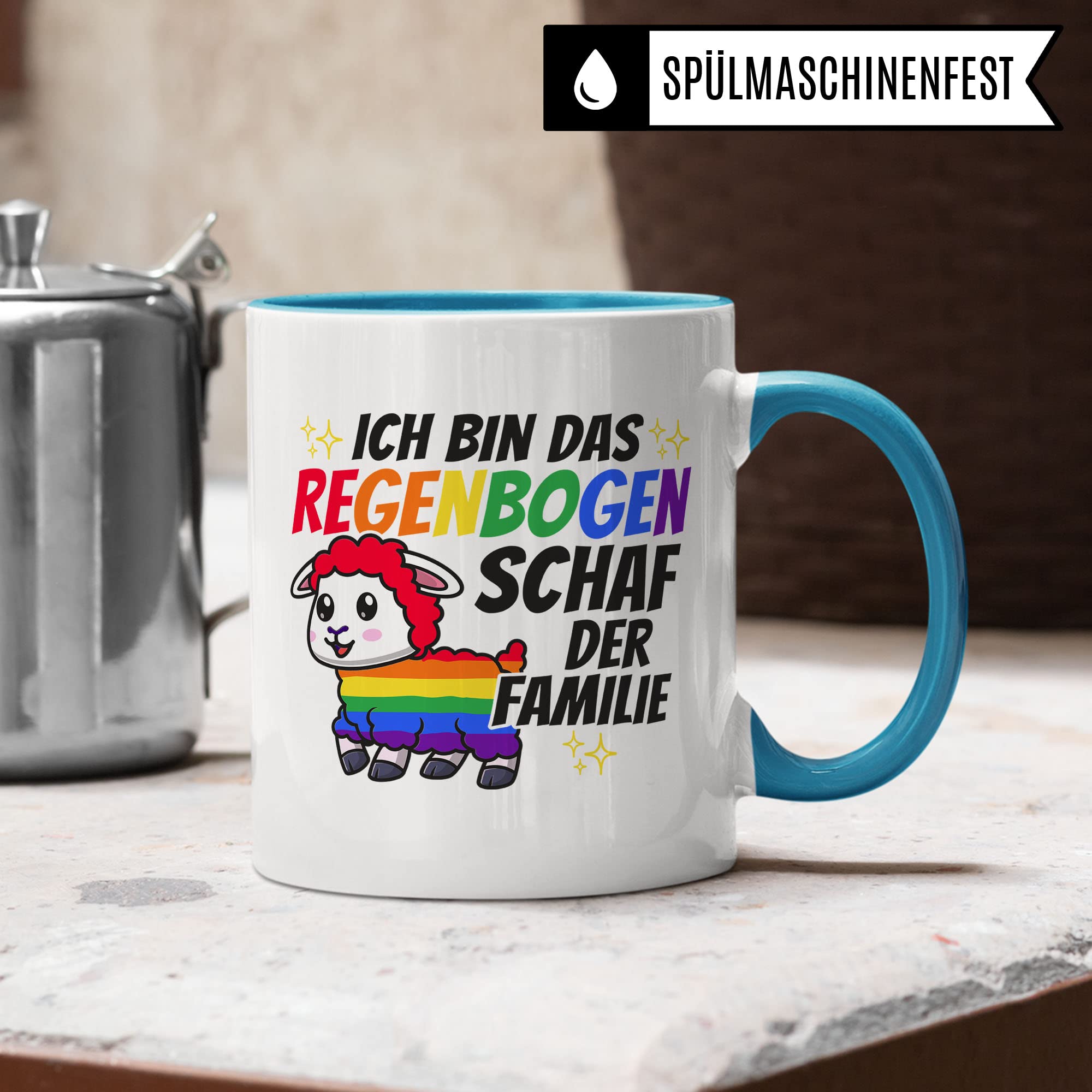 LGBTQI+ Tasse, Ich bin das Regenbogen Schaf der Familie, Gay Pride Geschenk Spruch lustig Motiv Geschenkidee Kaffeetasse outing LGBT queer schwul lesbisch Spruch