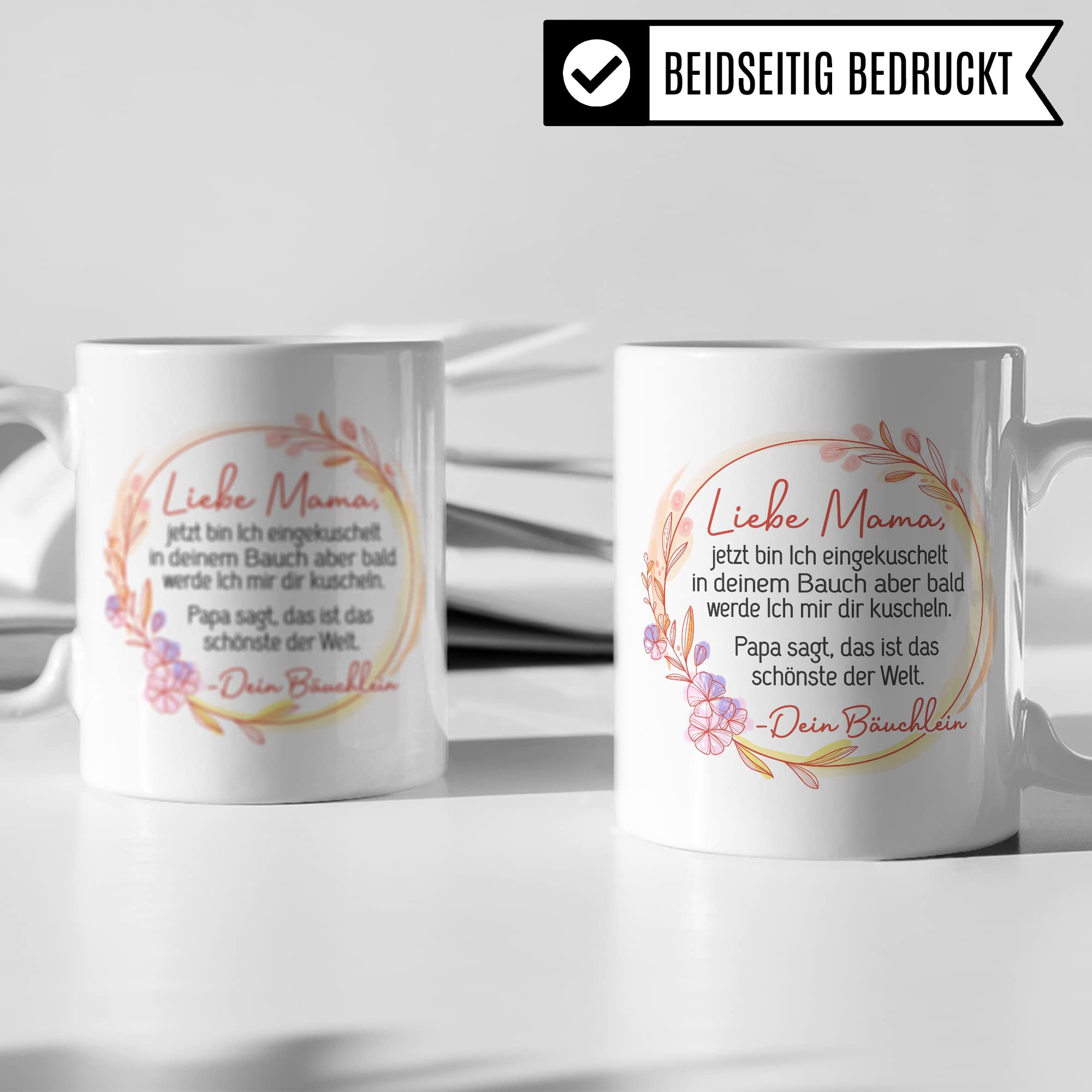 Tasse Mama Schwangerschaft, Liebe Mama, jetzt bin Ich eingekuschelt in deinem Bauch, Geschenk Schwanger, schöner Spruch Geschenkidee werdende Mutter Kaffee-Becher