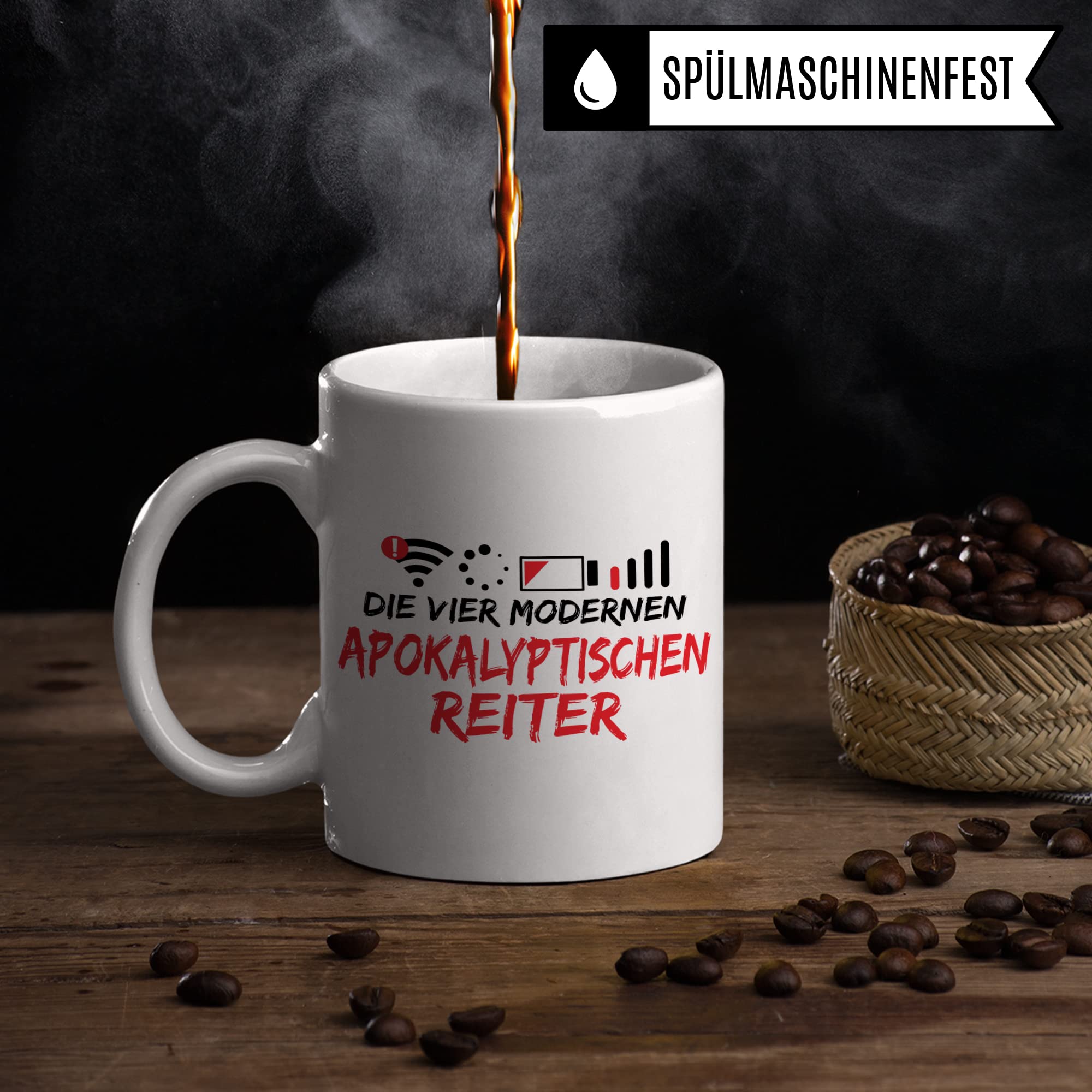 Tasse mit Spruch lustig: Apokalyptische Reiter, Kaffeetasse Humor Witz Geschenk für Teenager Geschenkidee, Smombie Wlan Handy Sarkasmus Ironie Kaffee-Becher