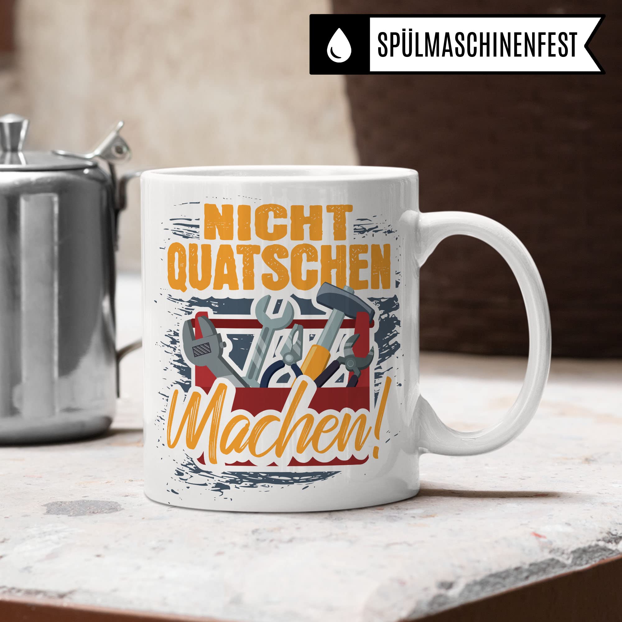 Handwerker Tasse, Werkstatt Spruch lustig, Männer Kaffeetasse Geschenkidee, Bauarbeiter Kaffeebecher, Bastler Becher, Humor Witz Geschenk für Heimwerker