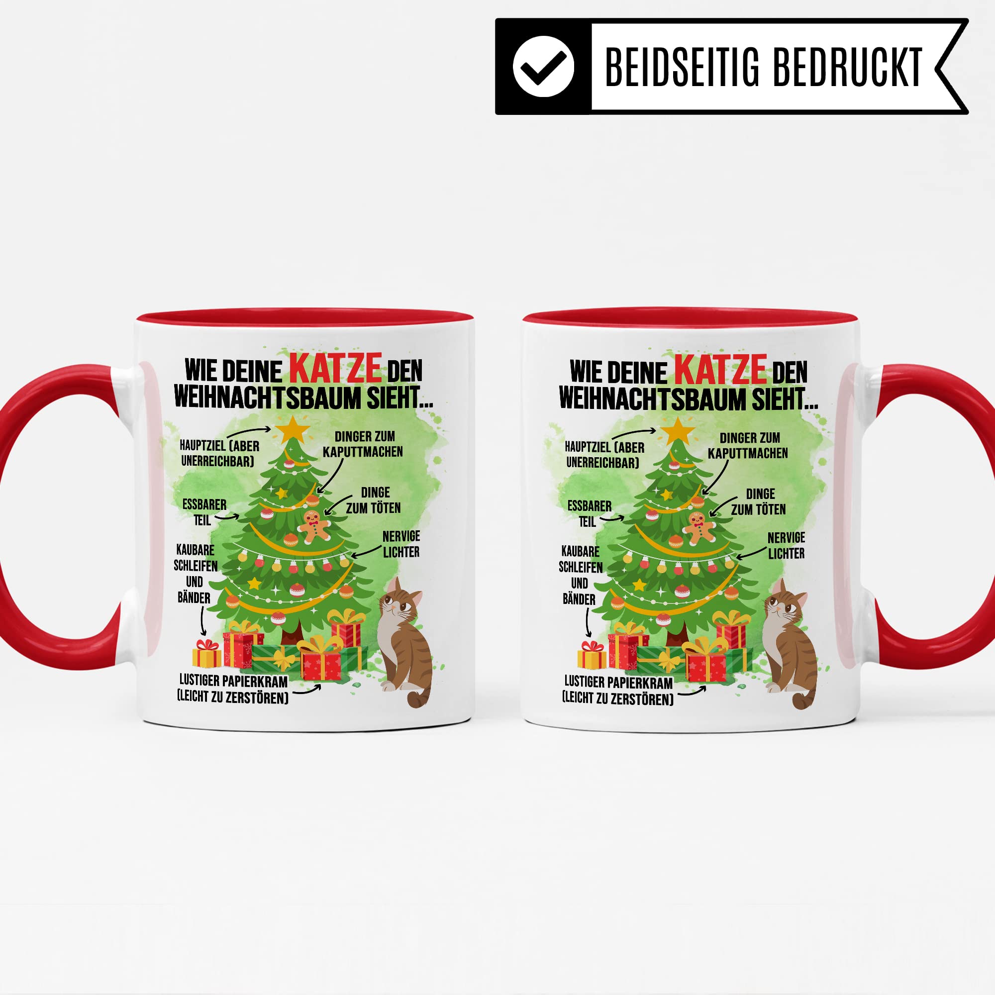 Katzen Tasse Weihnachten Kaffeetasse lustig Weihnachtsbaum Kaffee-Becher Katzenliebhaber Geschenkidee Vierbeiner Katzenhalter Geschenk Tasse mit Spruch Humor Sarkasmus Glühweintasse