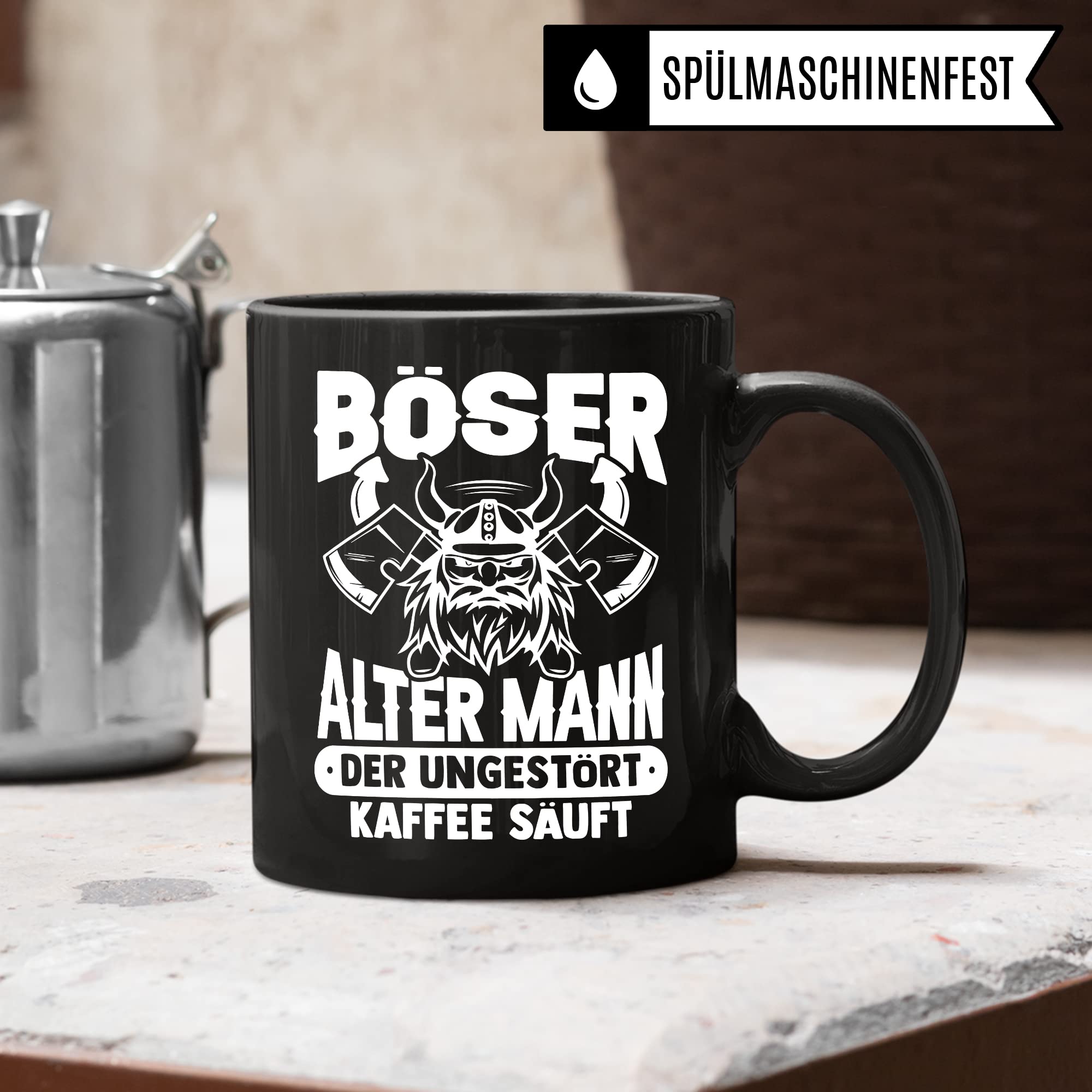 Tasse alter Mann, Böser alter Mann der ungestört Kaffee säuft Kaffee-Becher Geschenk Geschenkidee für alte Männer Papa Opa Kaffeetasse Wikinger-Motiv Tasse mit Spruch lustig