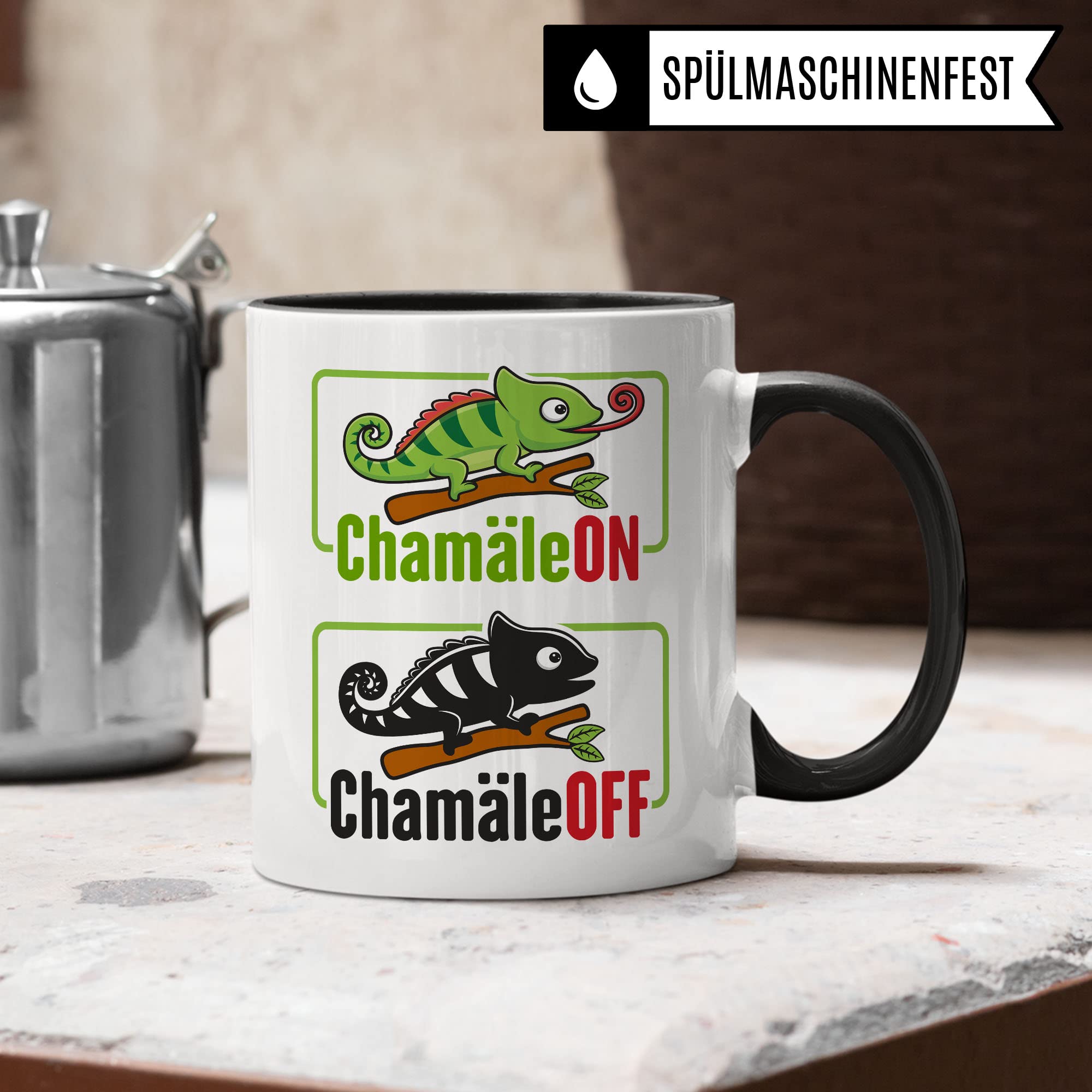 Tasse ChamäleON ChamäleOFF, Lustige Tasse mit Spruch und Tier Motiv, Büro lustig Sarkasmus Comic Witz Tiere Chamäleon Geschenk