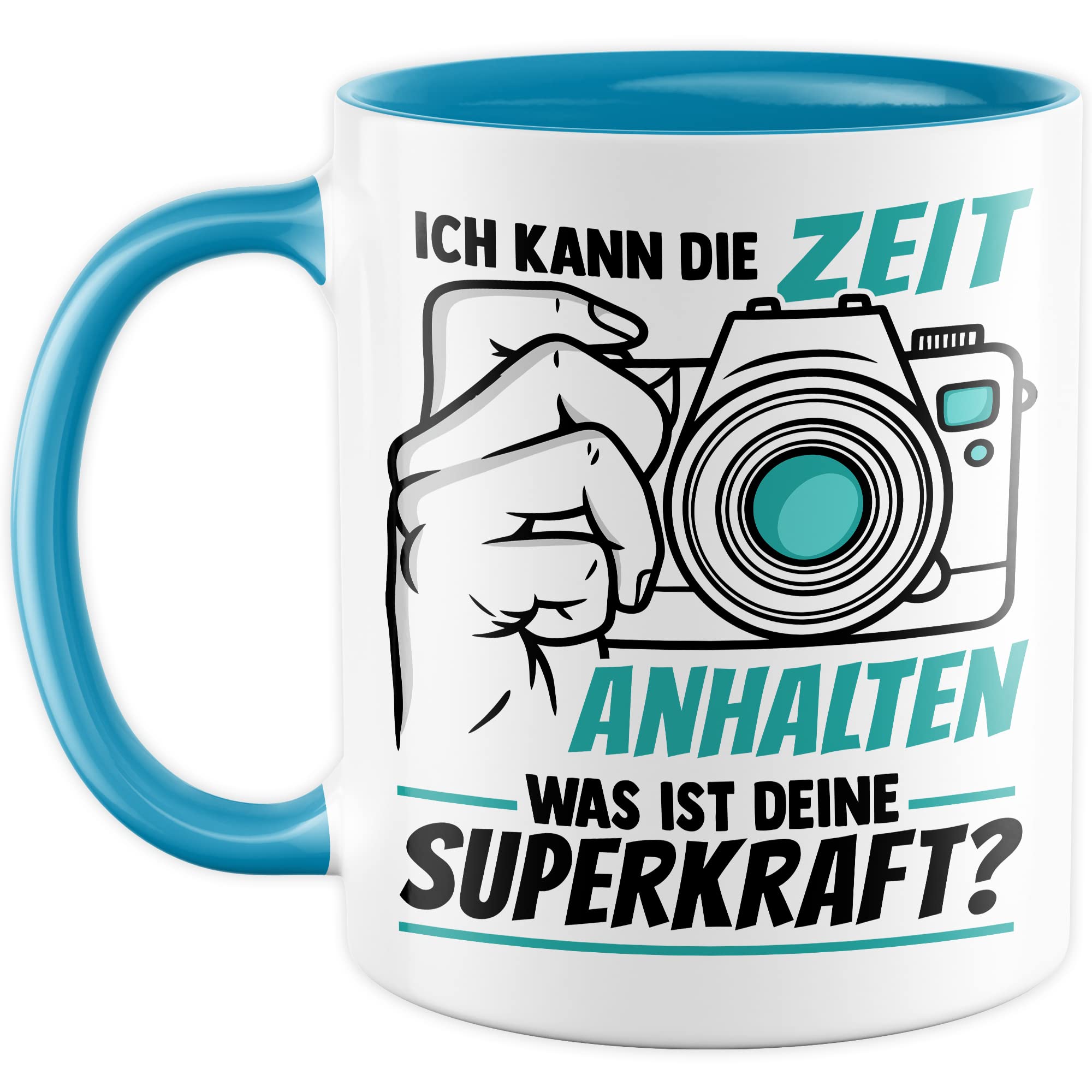 Tasse Kameramann Geschenk, Ich kann die Zeit einhalten - Und was ist deine Superkraft Geschenkidee Fotograf Kaffee-Becher Kaffeetasse mit Spruch lustig Kamera fotografieren