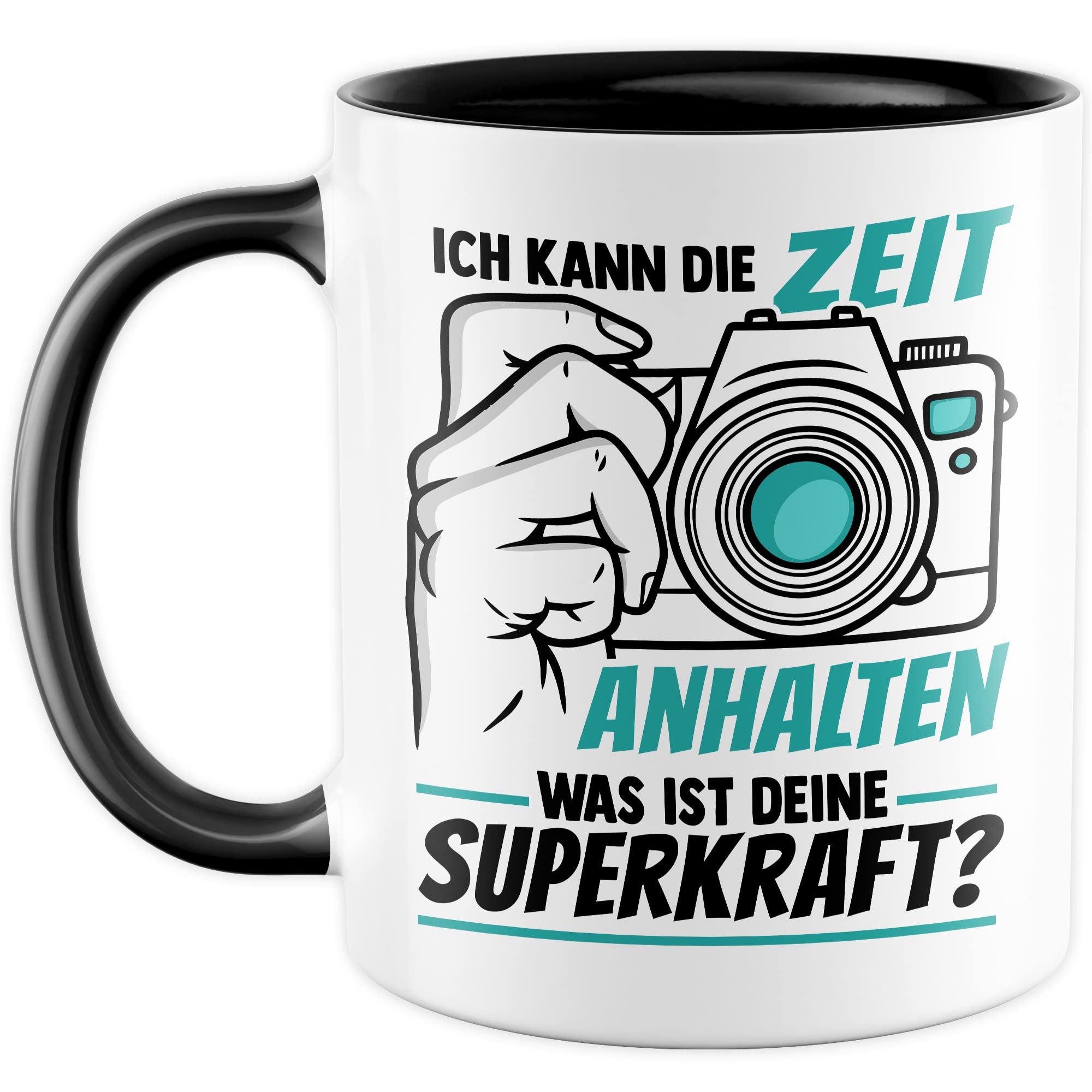 Tasse Kameramann Geschenk, Ich kann die Zeit einhalten - Und was ist deine Superkraft Geschenkidee Fotograf Kaffee-Becher Kaffeetasse mit Spruch lustig Kamera fotografieren