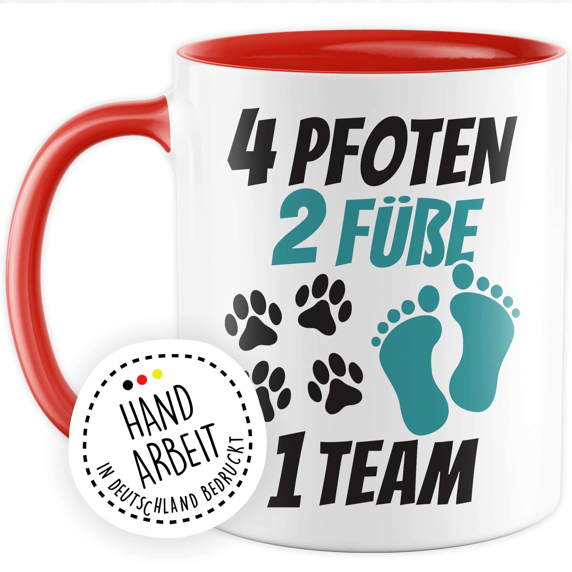 Tasse Hundebesitzer Geschenk, 4 Pfoten 2 Füße 1 Team Geschenkidee Kaffeetasse mit Spruch Hundehalter Hunde-Liebhaber Hund Kaffee-Becher Hand & Pfote Vierbeiner