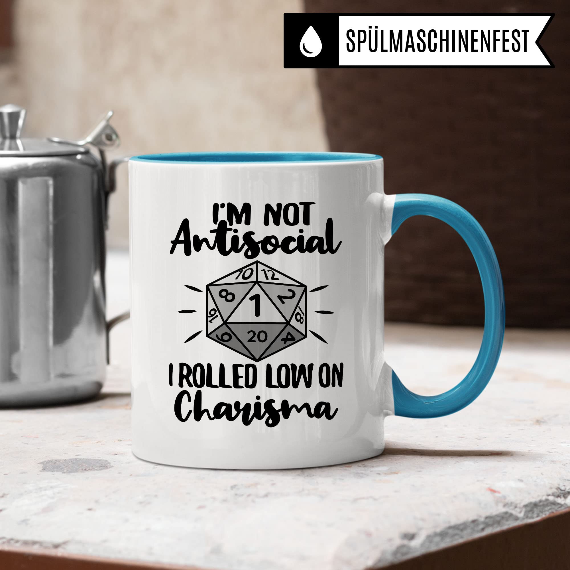 DnD Roleplay Tasse, I'm not Antisocial - I rolled low on Charisma Spruch, Geschenk Rollenspiel Spruch D20 Dice, Pen & Paper Tabletop D20 Würfel Motiv Kaffee-Becher Geschenkidee