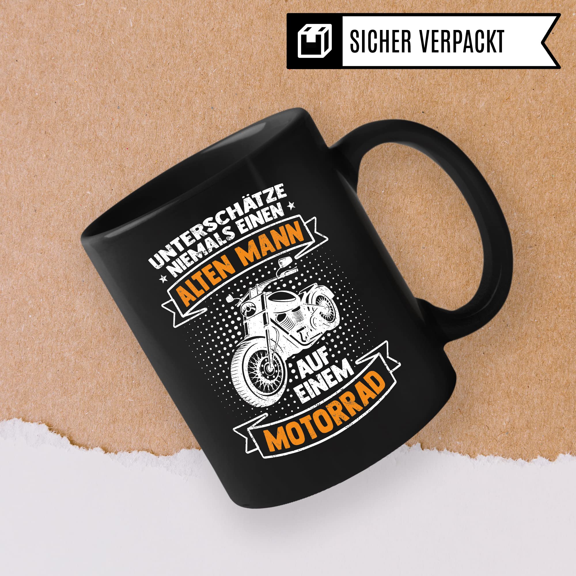 Motorrad Tasse, Unterschätze niemals einen alten Mann auf einem Motorrad, Biker Geschenk Spruch lustig Motiv Geschenkidee Kaffeetasse Motorradfahrer Männer Kaffeebecher