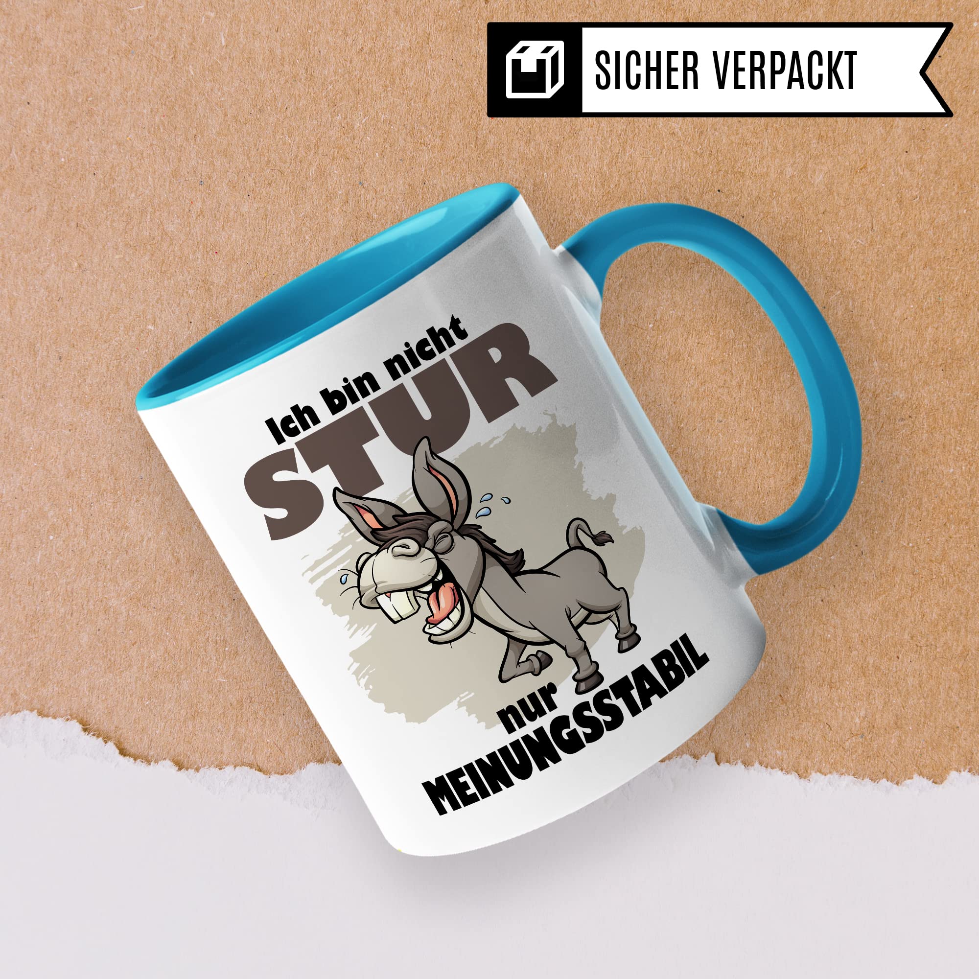 Tasse stur, Ich bin nicht stur nur meinungsstabil Geschenk Kaffeetasse Geschenkidee Sturkopf Tasse mit Spruch lustig Esel-Motiv Teetasse Kaffee-Becher Dickschädel