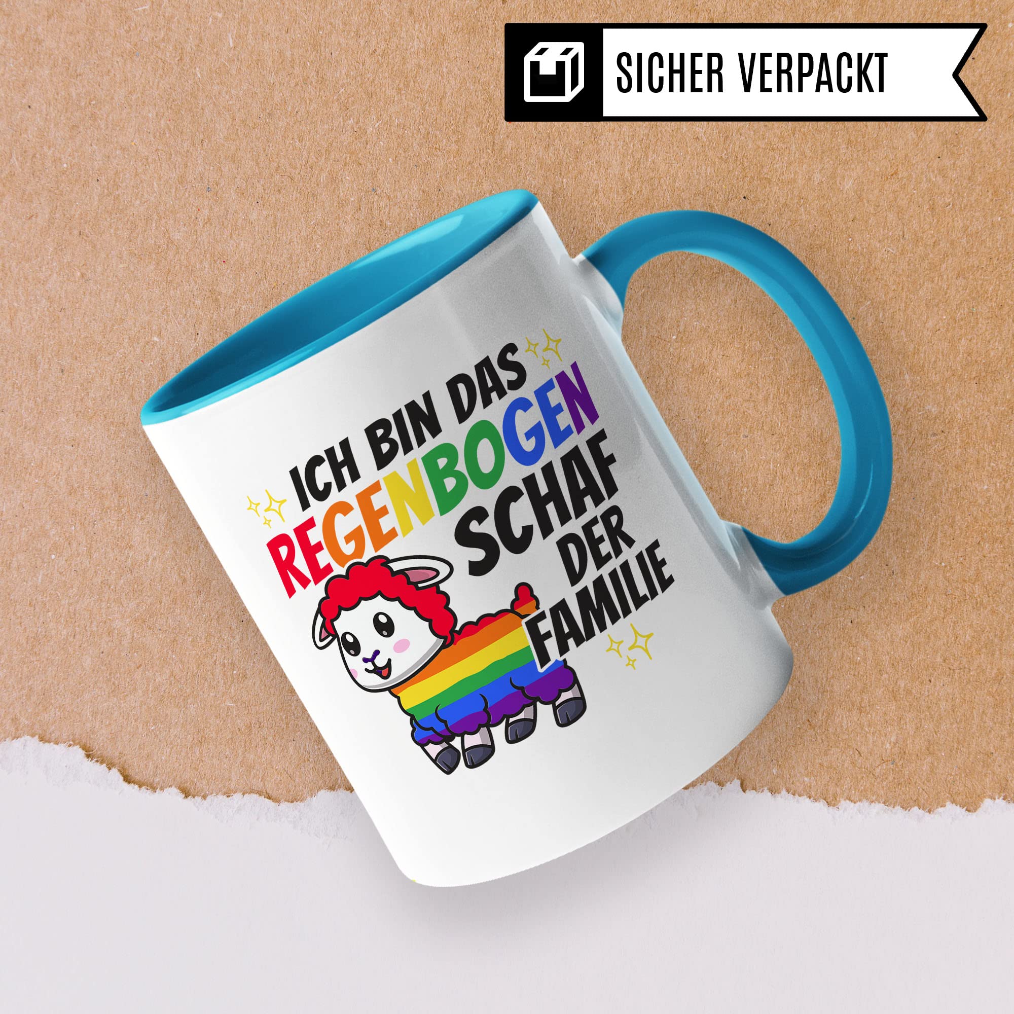 LGBTQI+ Tasse, Ich bin das Regenbogen Schaf der Familie, Gay Pride Geschenk Spruch lustig Motiv Geschenkidee Kaffeetasse outing LGBT queer schwul lesbisch Spruch