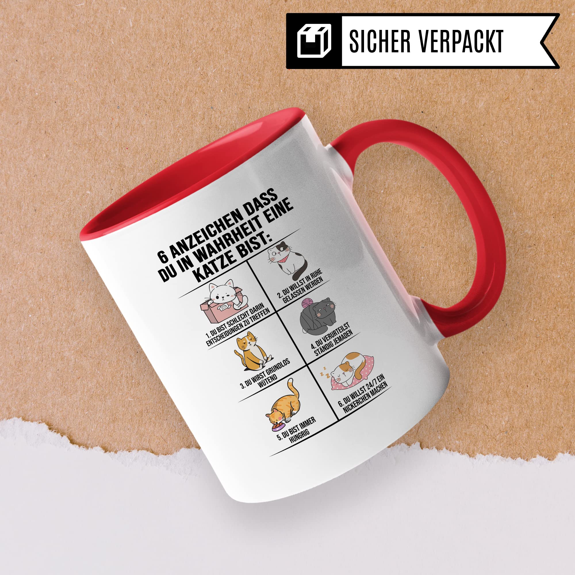 Lustige Tasse Katzen Kaffeetasse Humor Kaffee-Becher mit Spruch Katze Witz 6 Anzeichen dass du eine Katze bist Witz Katzenmama Geschenk Geschenkidee für Katzenliebhaber