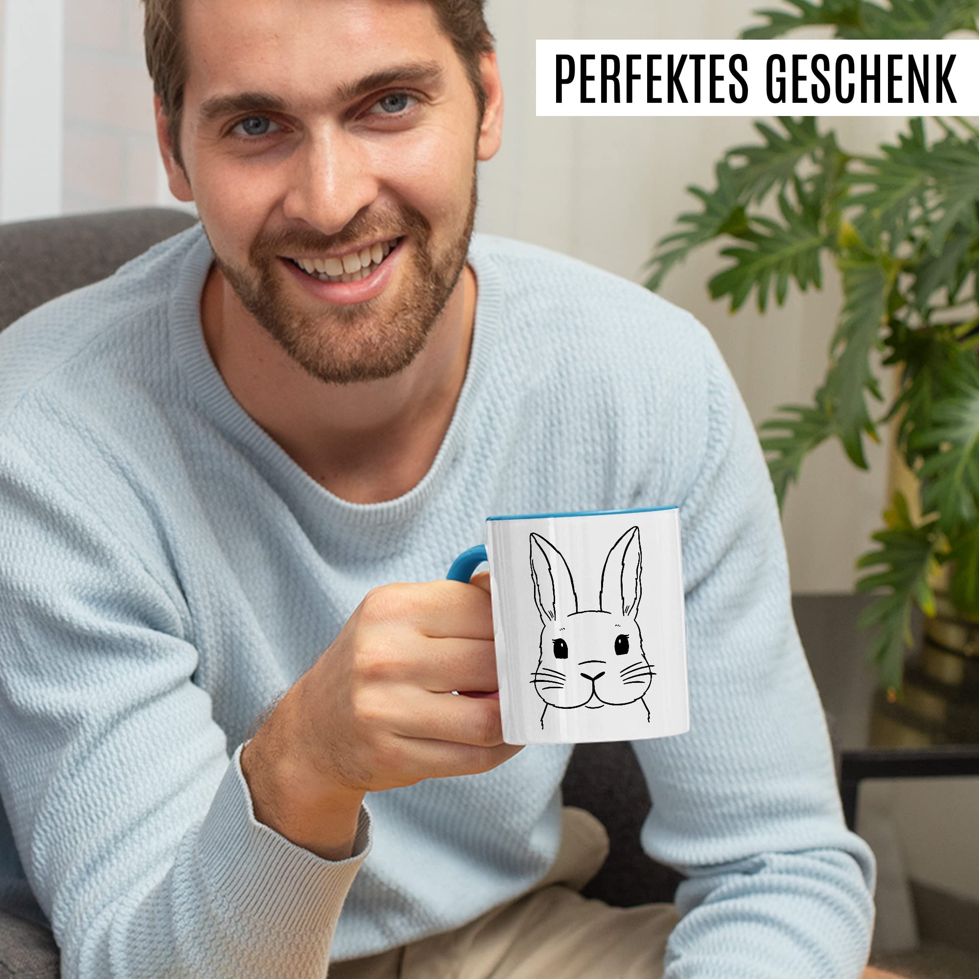 Kaninchen Tasse Hasen Bild süße Kaffeetasse mit Tier Motiv Karnickel Kaffee-Becher Häschen Humor Geschenk Spruch Teetasse Haustier Hase Langohr Halter cute Kaninchen Zeichnung