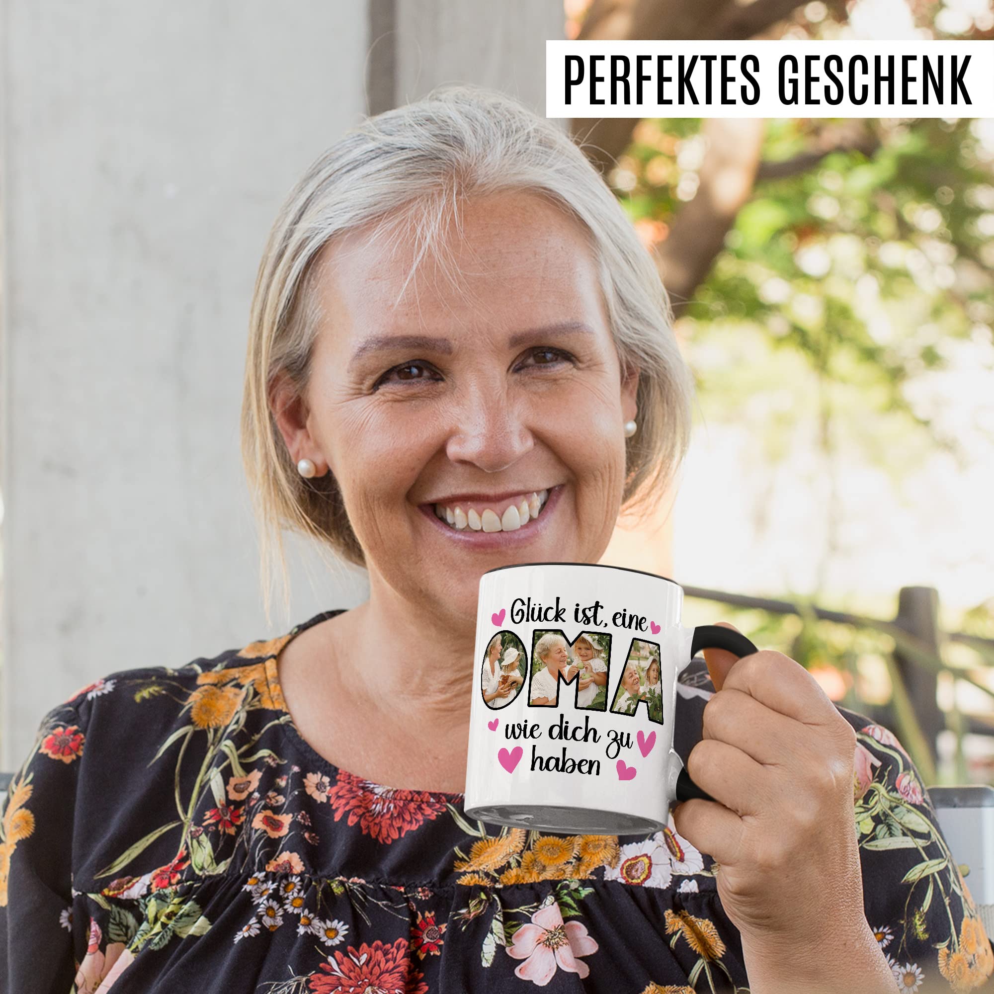 Oma Tasse personalisliert mit Bild, Glück ist eine Oma wie dich zu haben, Geschenk personalisierbar Großmutter Spruch Enkelkinder Geschenkidee Enkel Kaffeetasse