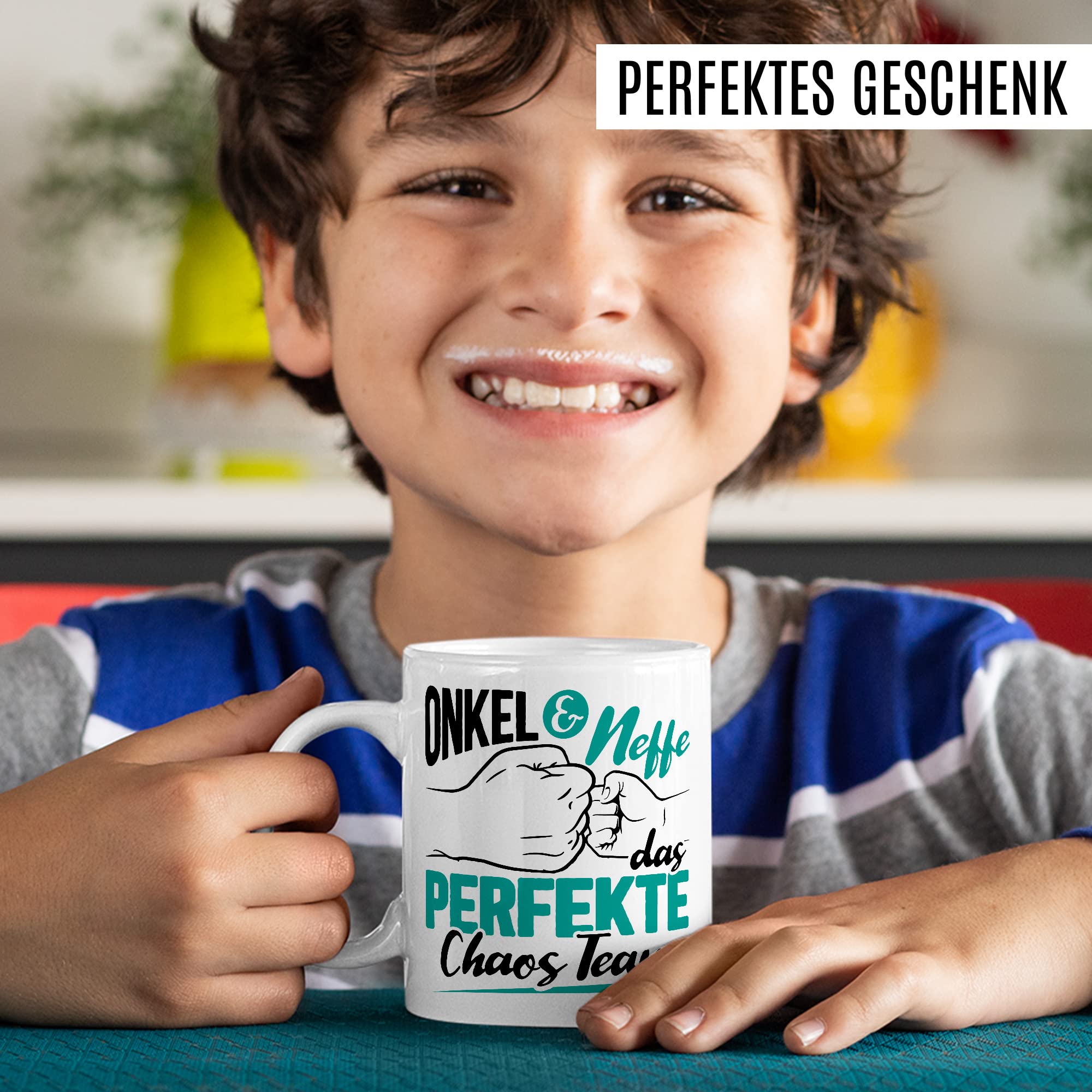 Onkel Tasse Neffe Geschenk lustig Chaos-Team Bruder Kaffeetasse Nichte Kaffee-Becher Geschenkidee Familie Humor Geschwister Patenonkel Pate Patenkind