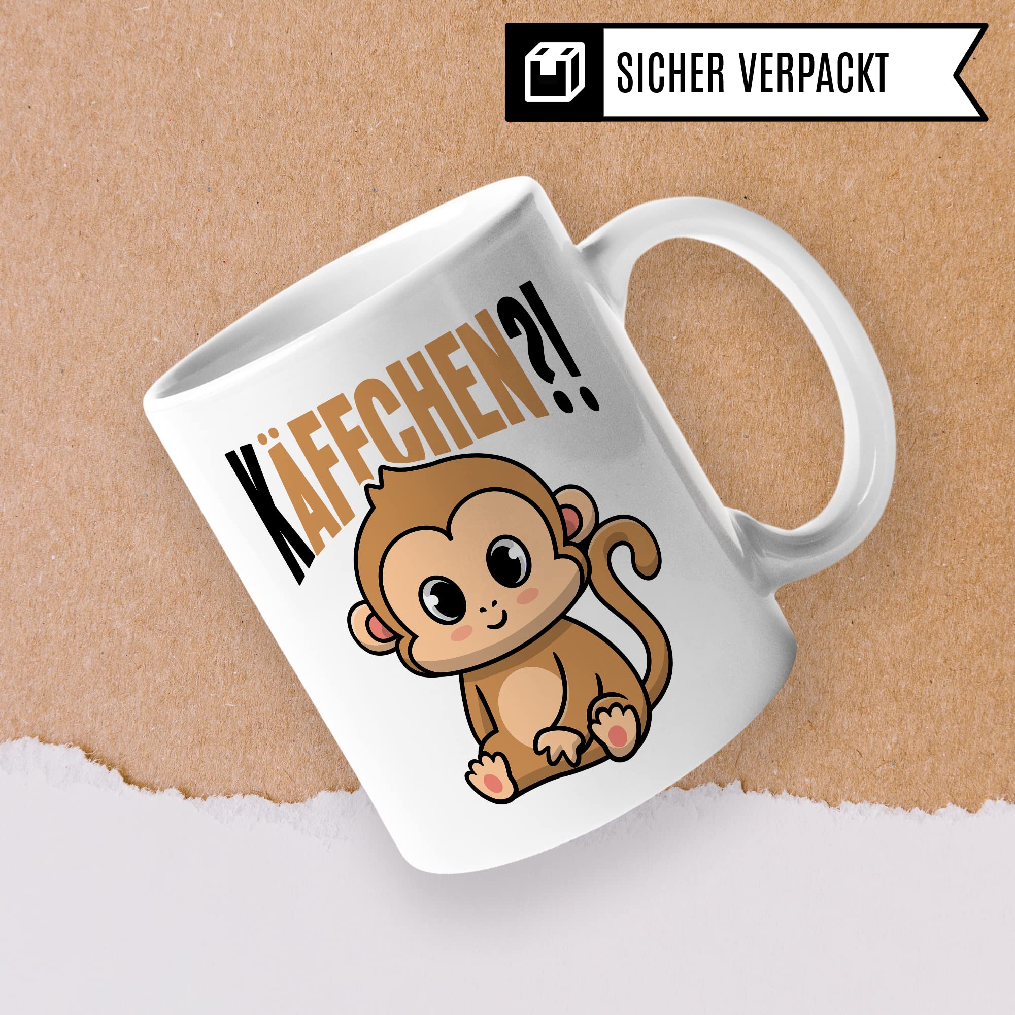 Käffchen Tasse Geschenk Kaffeetasse mit Spruch lustig Kaffee-Becher mit Affen-Motiv Teetasse Geschenkidee Kaffee-Liebhaber Kaffeetrinker und Kaffee-Fans Kaffee-Verehrer