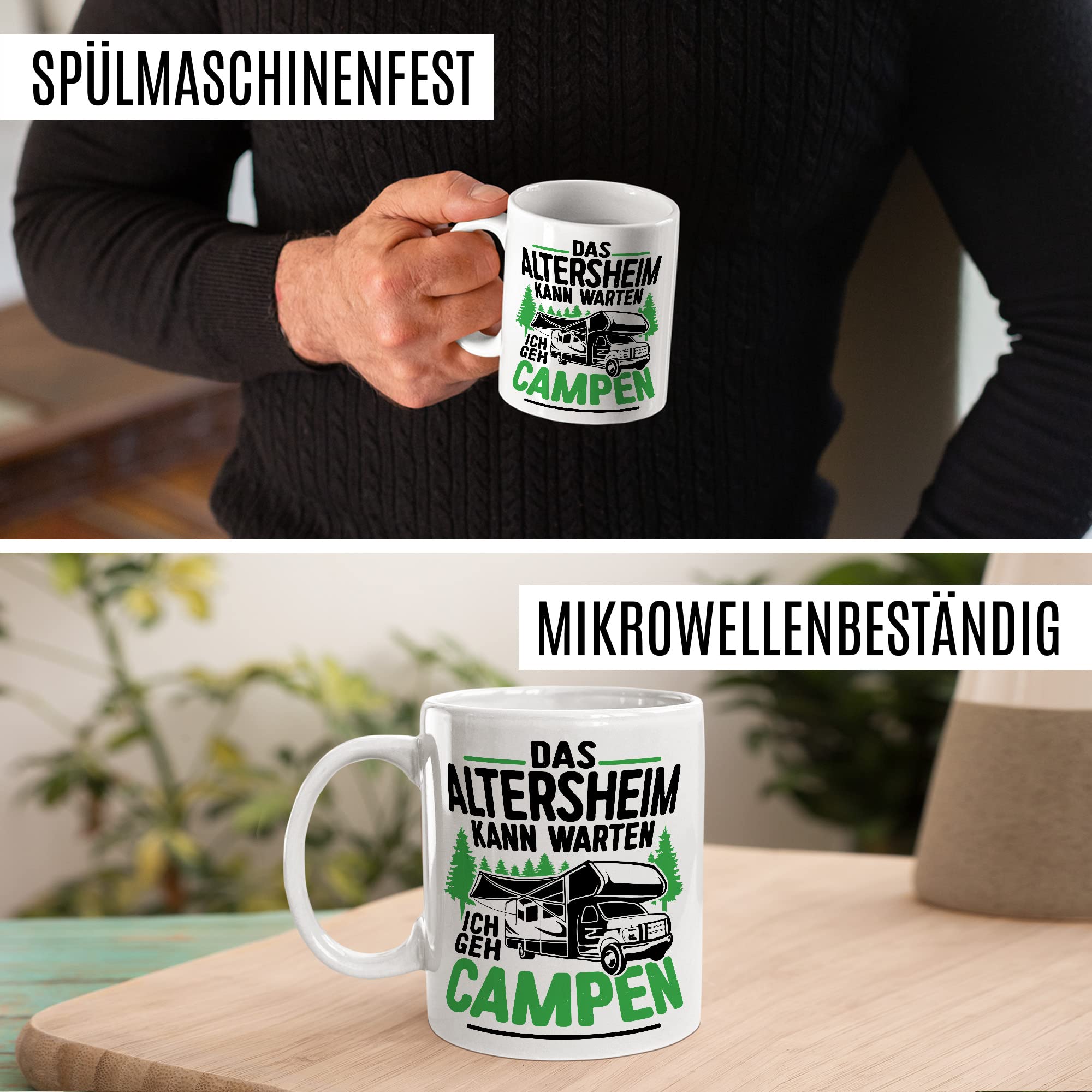 Tasse Campen Geschenk, Das Alterheim kann warten Ich geh campen Geschenk Geschenkidee Kaffeetasse mit liebevollem Spruch Kaffee-Becher Natur Rentner Rentnerin Rente